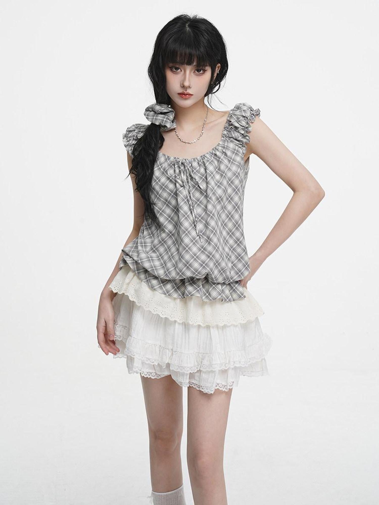 VEEMIX Plaid Round Neck Faux Two Piece Women's Cotton Loose Short Sleeve T-shirts