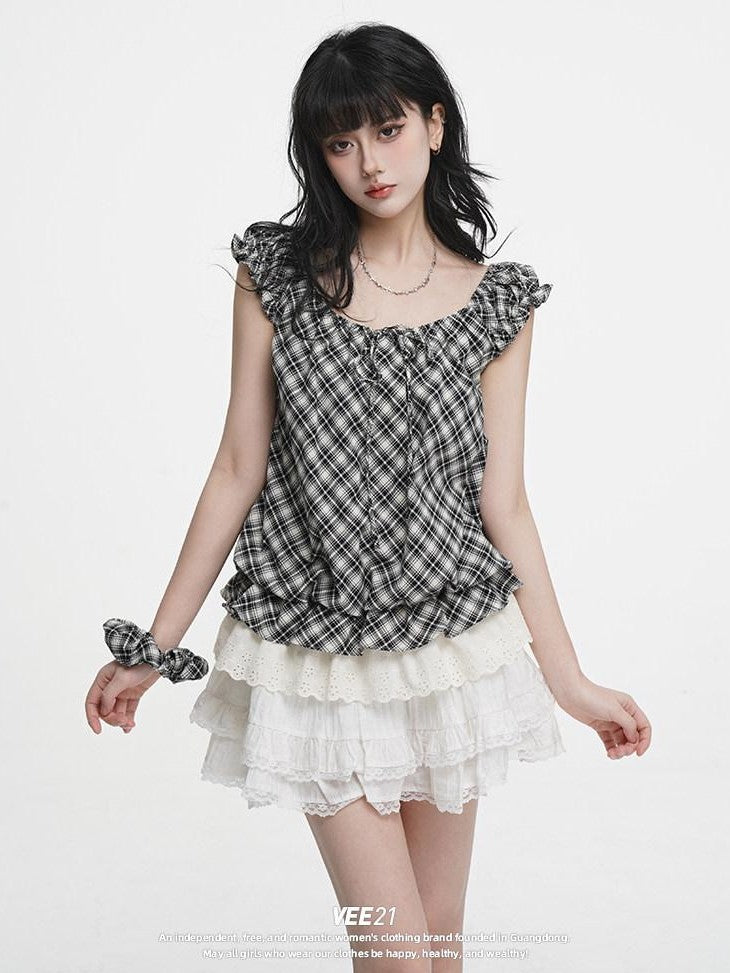 VEEMIX Plaid Round Neck Faux Two Piece Women's Cotton Loose Short Sleeve T-shirts