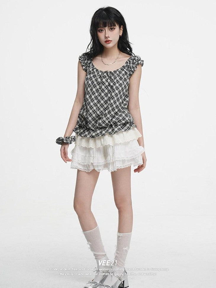 VEEMIX Plaid Round Neck Faux Two Piece Women's Cotton Loose Short Sleeve T-shirts