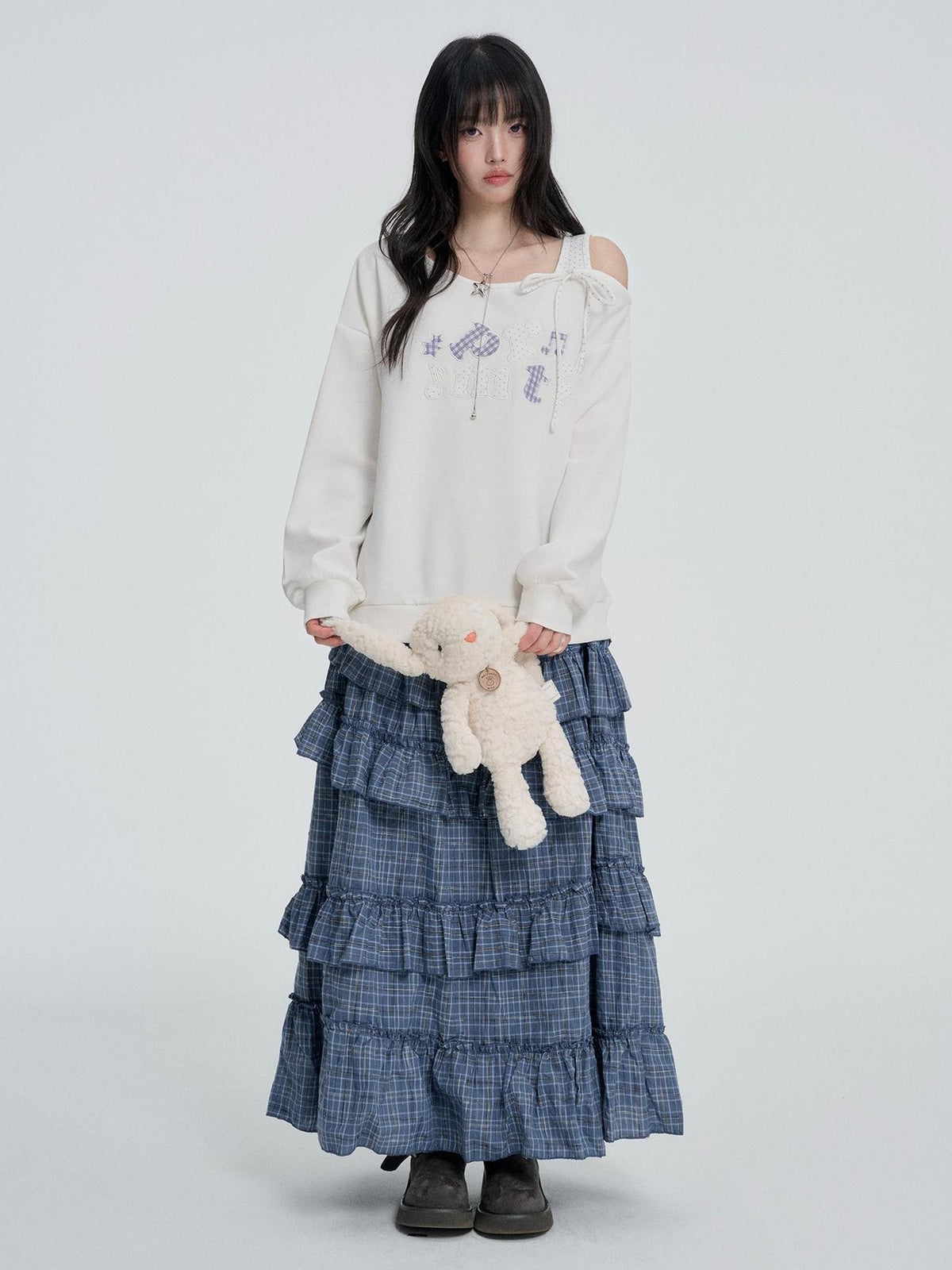 VEEMIX Plaid Ruffle Asymmetric High Waist Tiered Women's Cotton Maxi Skirts