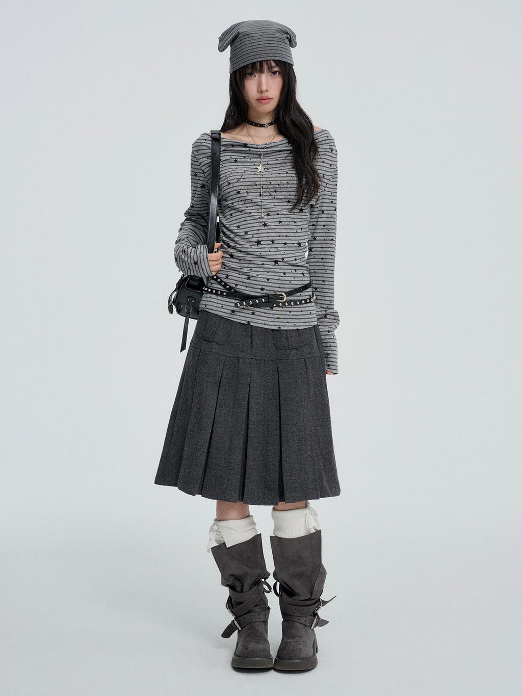 VEEMIX Pleated High Waist Pocket A Line Women's Wool Blend Midi Skirts