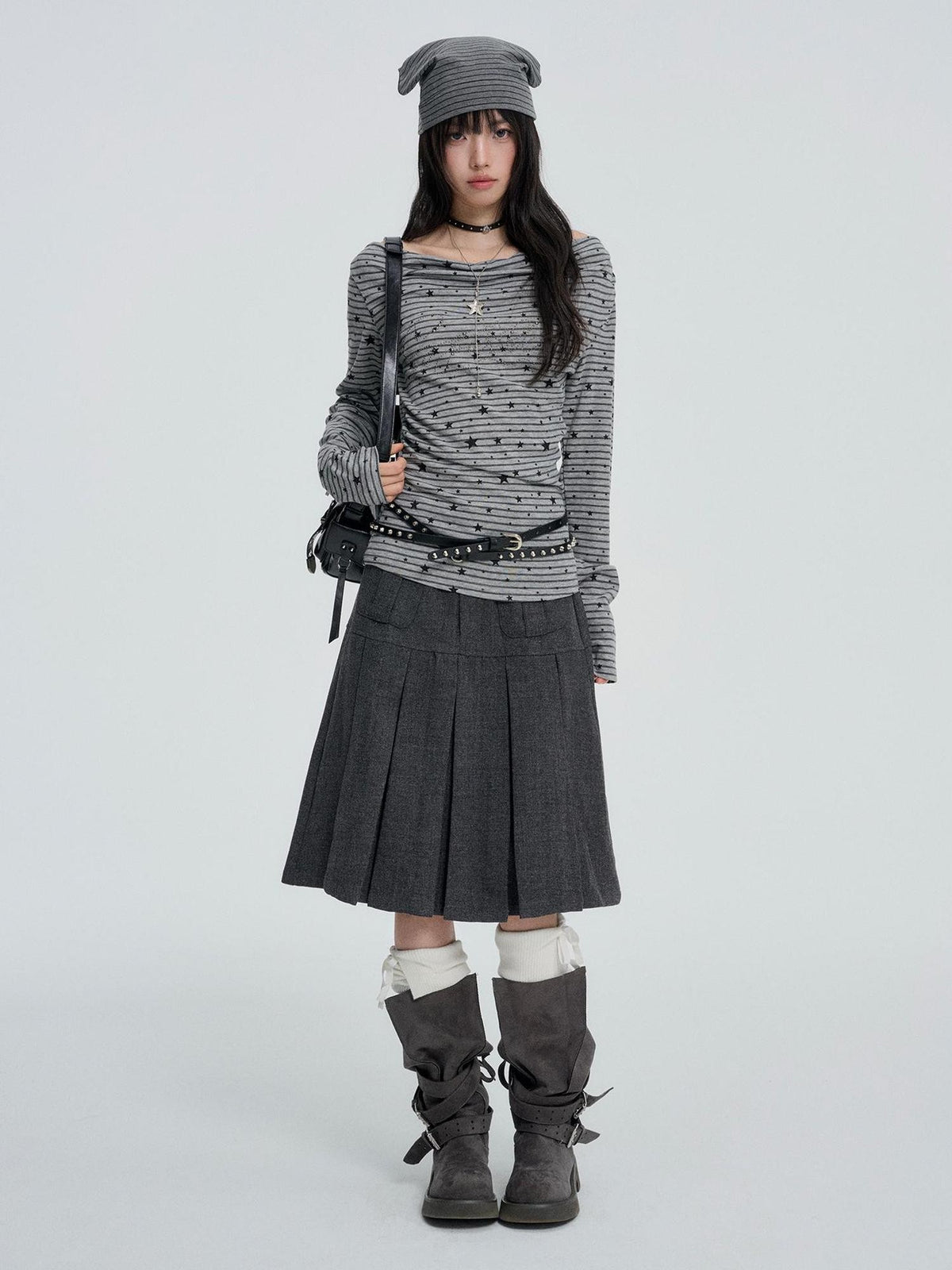 VEEMIX Pleated High Waist Pocket A Line Women's Wool Blend Midi Skirts