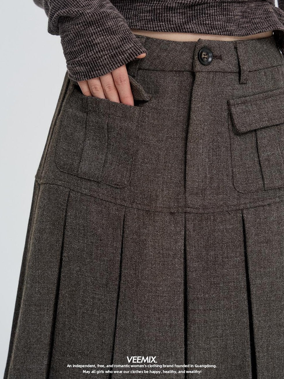VEEMIX Pleated High Waist Pocket A Line Women's Wool Blend Midi Skirts