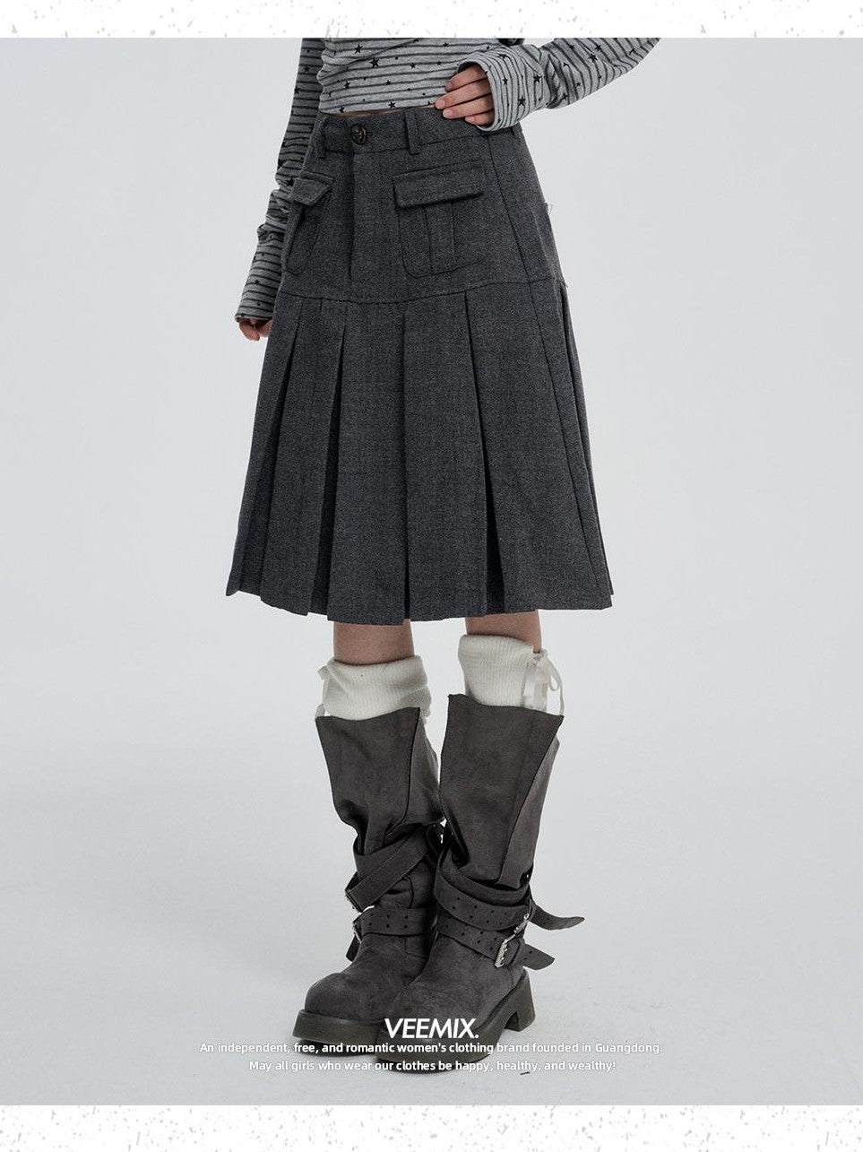 VEEMIX Pleated High Waist Pocket A Line Women's Wool Blend Midi Skirts
