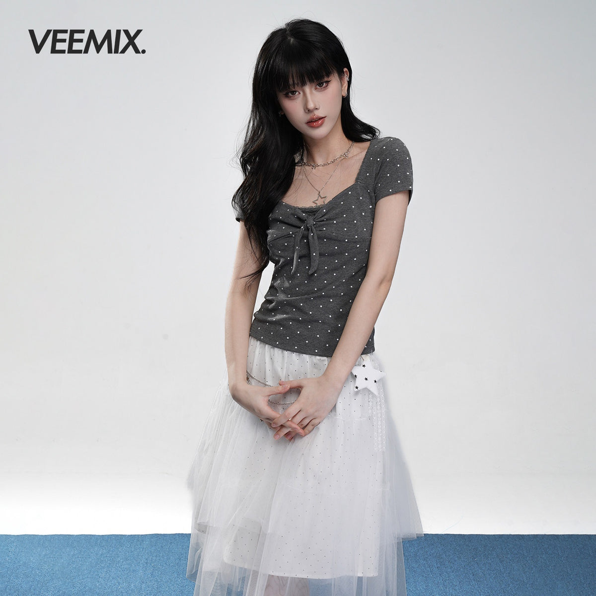 VEEMIX_Polka_Dot_Bow_Square_Neck_Women's_Combed_Cotton_Short_Sleeve_T-shirts_1044335202852_MISSTT