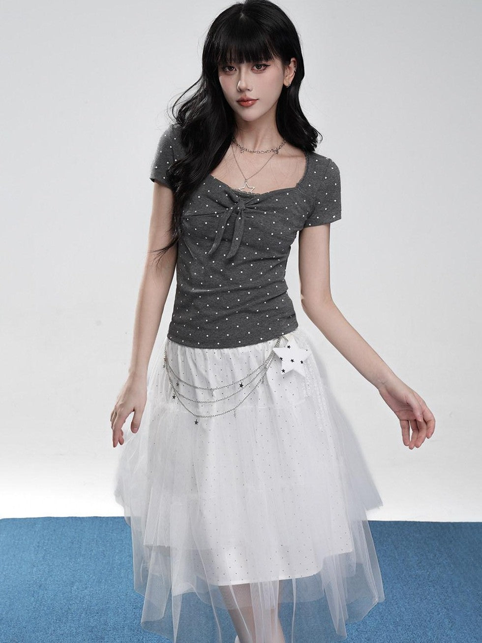 VEEMIX Polka Dot Bow Square Neck Women's Combed Cotton Short Sleeve T-shirts