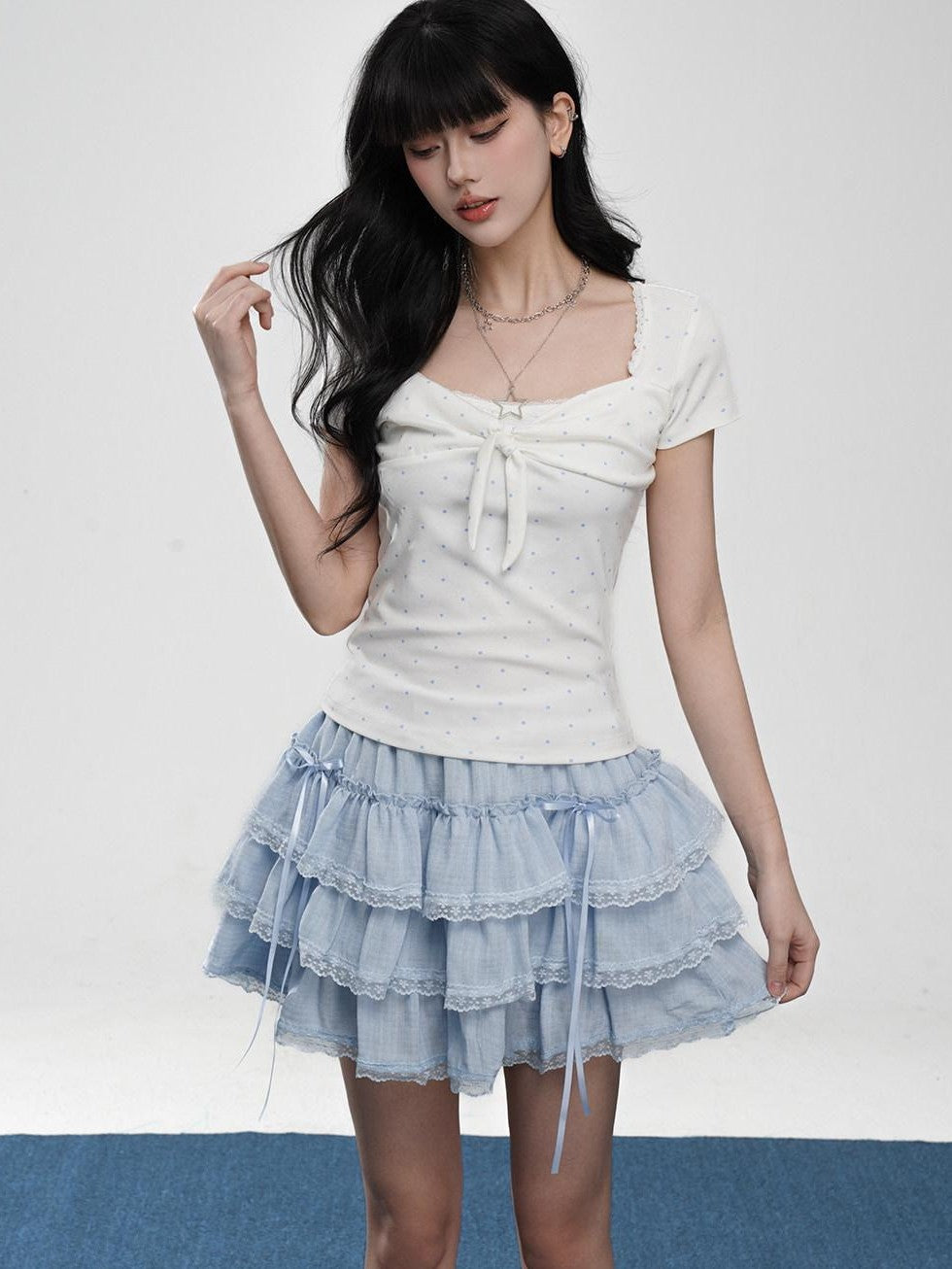 VEEMIX Polka Dot Bow Square Neck Women's Combed Cotton Short Sleeve T-shirts
