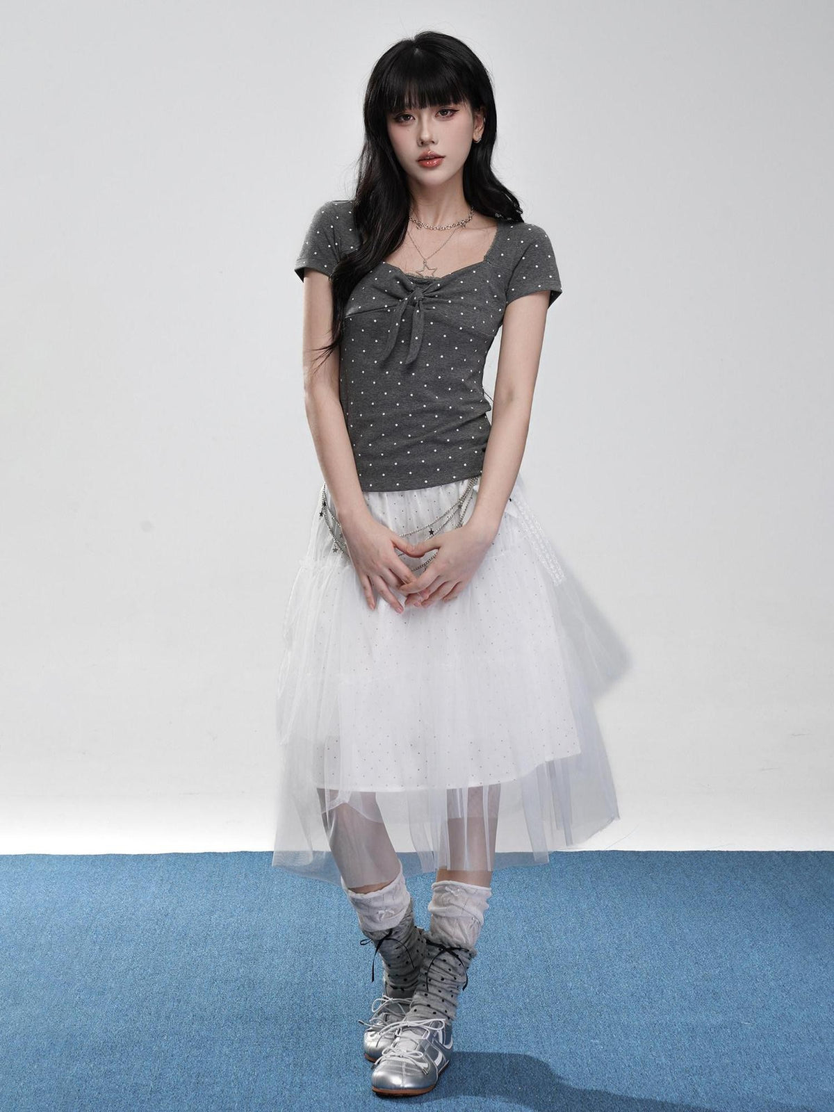 VEEMIX Polka Dot Bow Square Neck Women's Combed Cotton Short Sleeve T-shirts