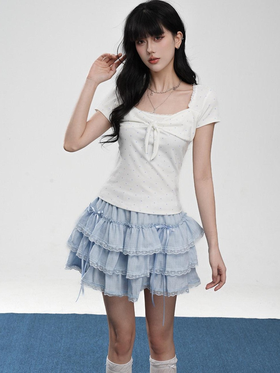 VEEMIX Polka Dot Bow Square Neck Women's Combed Cotton Short Sleeve T-shirts