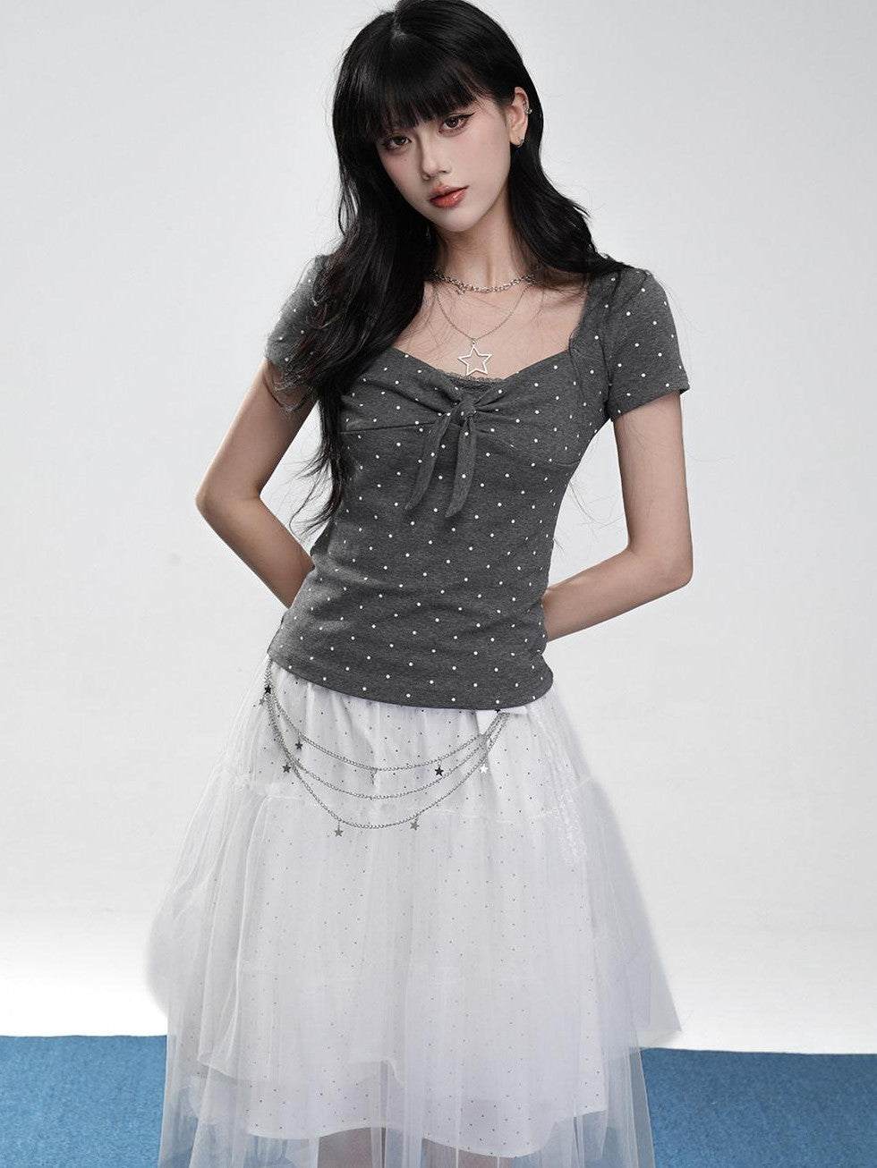 VEEMIX Polka Dot Bow Square Neck Women's Combed Cotton Short Sleeve T-shirts