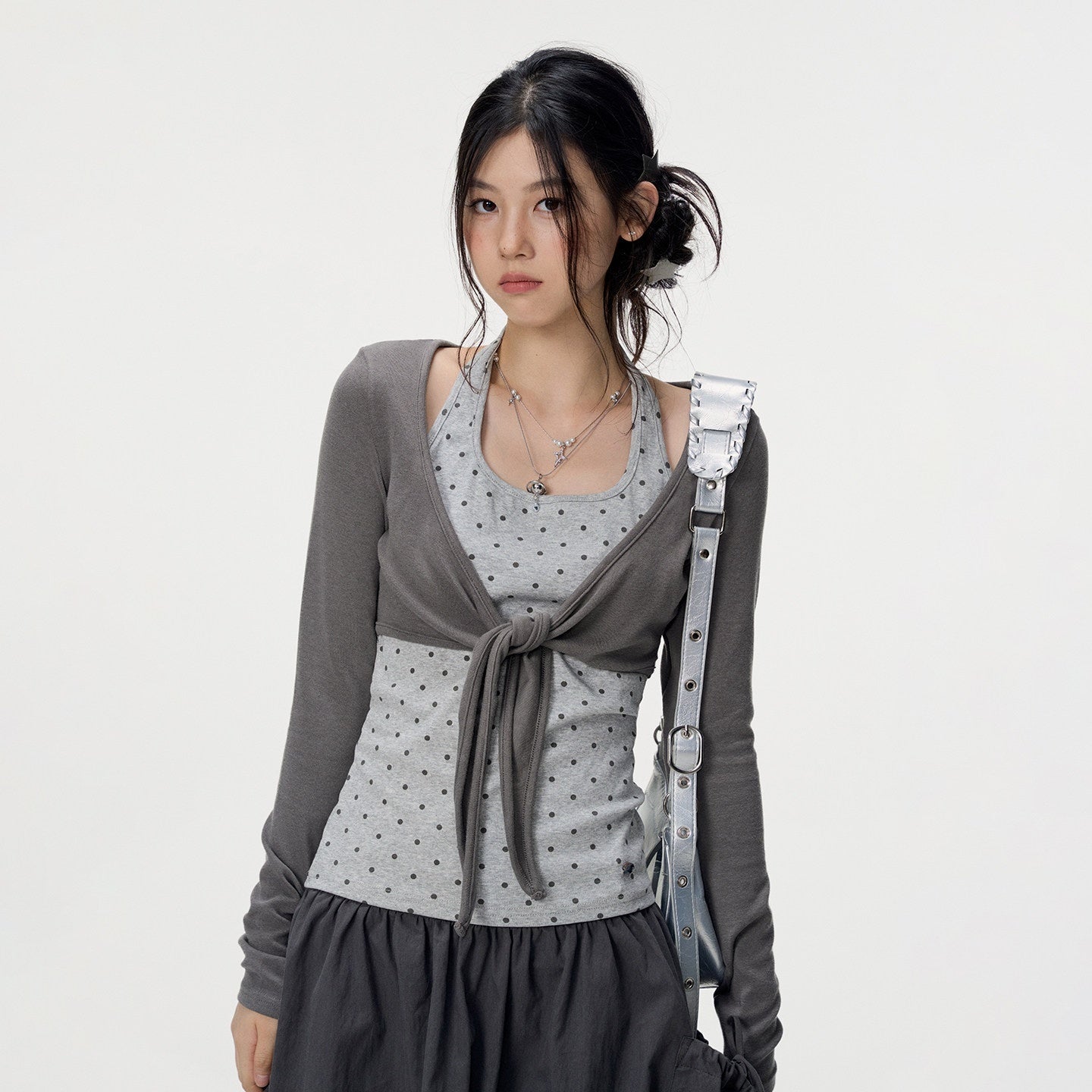 VEEMIX_Polka_Dot_Faux_Layered_Halter_Tie_Women's_Rayon_Long_Sleeve_T-shirts_1074515112075_MISSTT