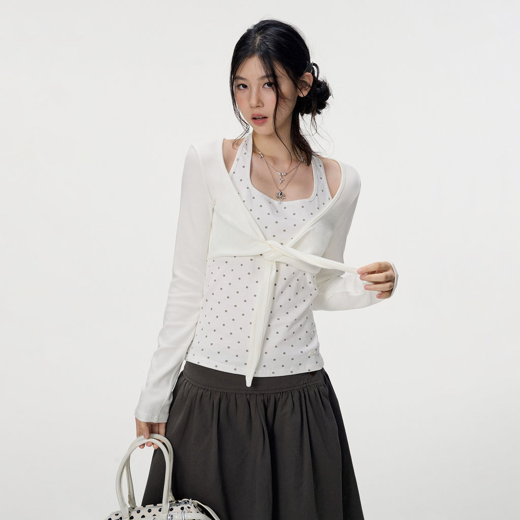 VEEMIX_Polka_Dot_Faux_Layered_Halter_Tie_Women's_Rayon_Long_Sleeve_T-shirts_1074515112075_MISSTT