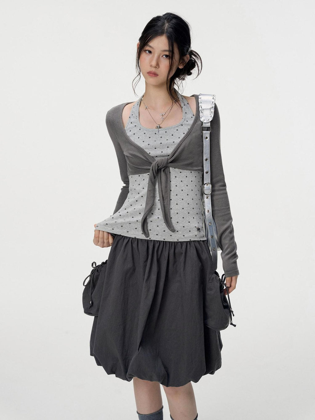 VEEMIX Polka Dot Faux Layered Halter Tie Women's Rayon Long Sleeve T-shirts