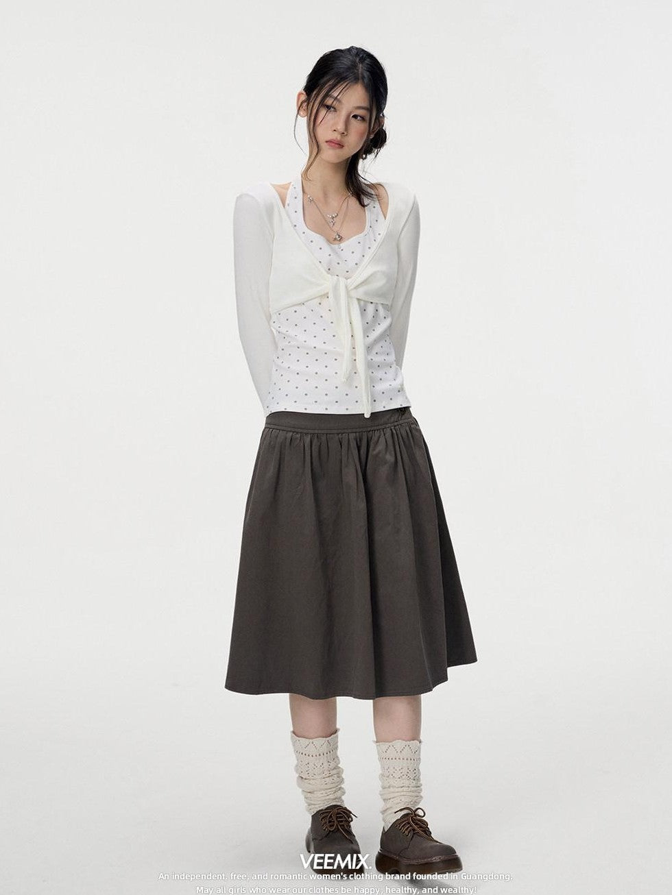 VEEMIX Polka Dot Faux Layered Halter Tie Women's Rayon Long Sleeve T-shirts