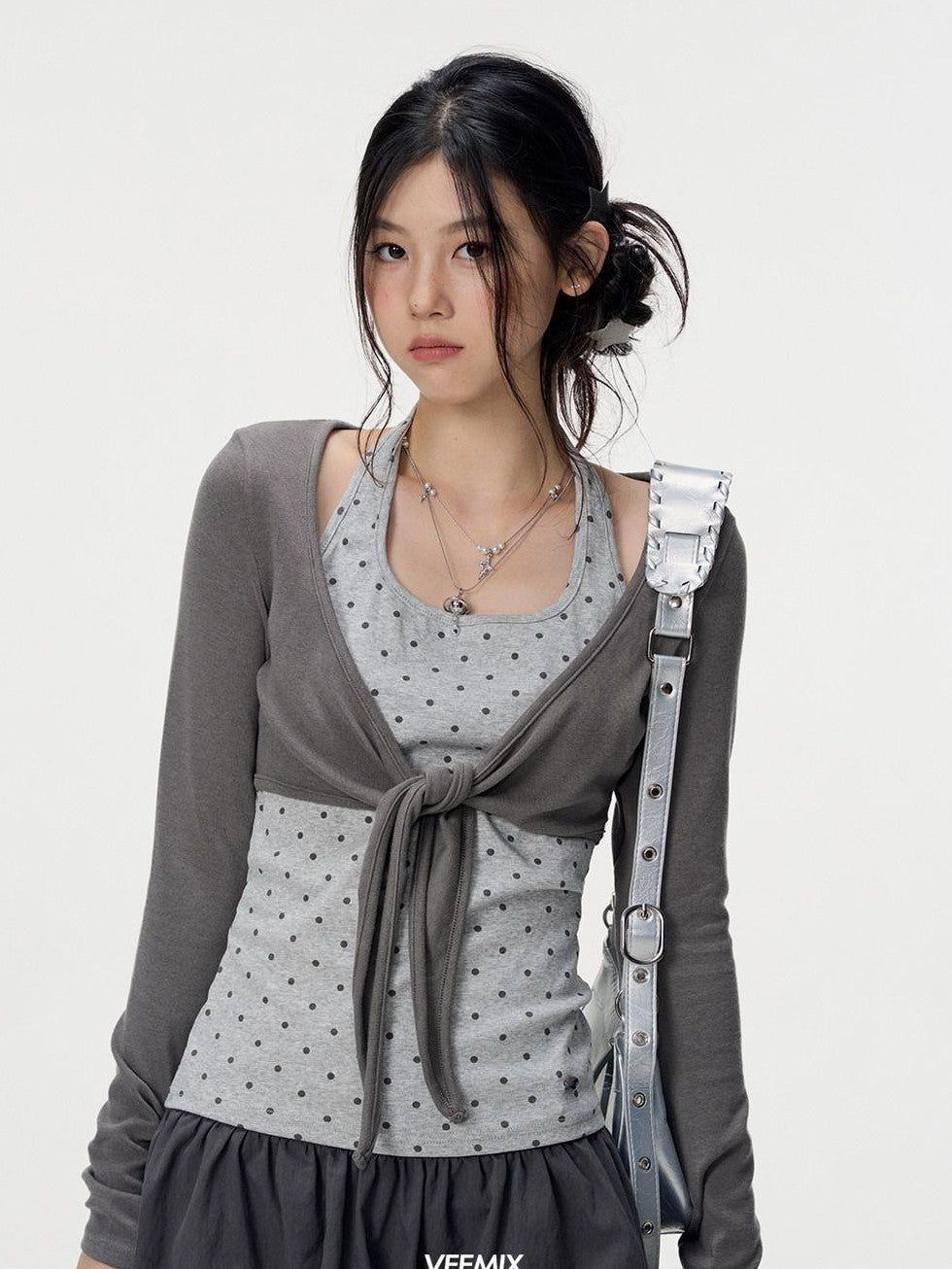 VEEMIX Polka Dot Faux Layered Halter Tie Women's Rayon Long Sleeve T-shirts