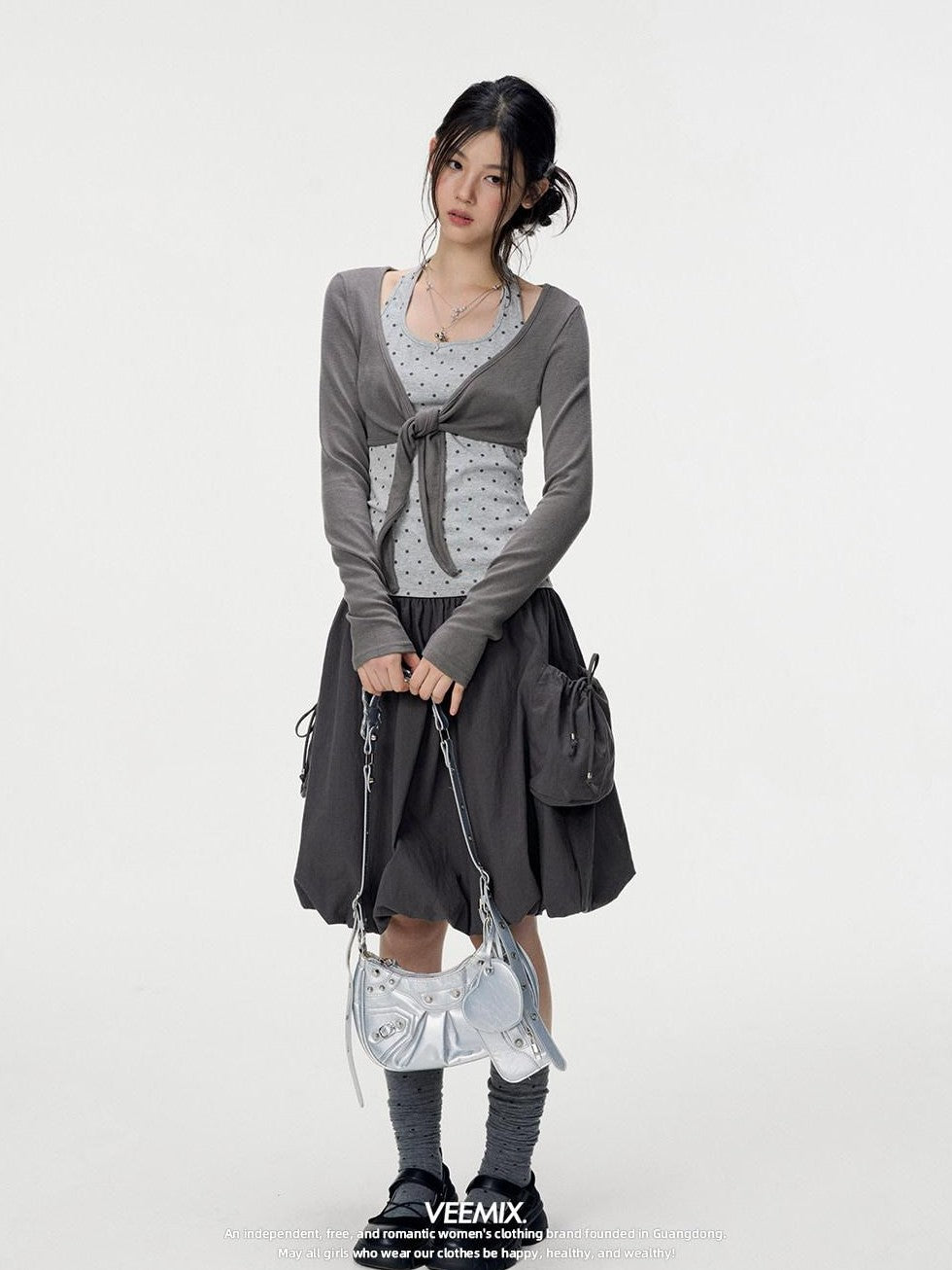 VEEMIX Polka Dot Faux Layered Halter Tie Women's Rayon Long Sleeve T-shirts