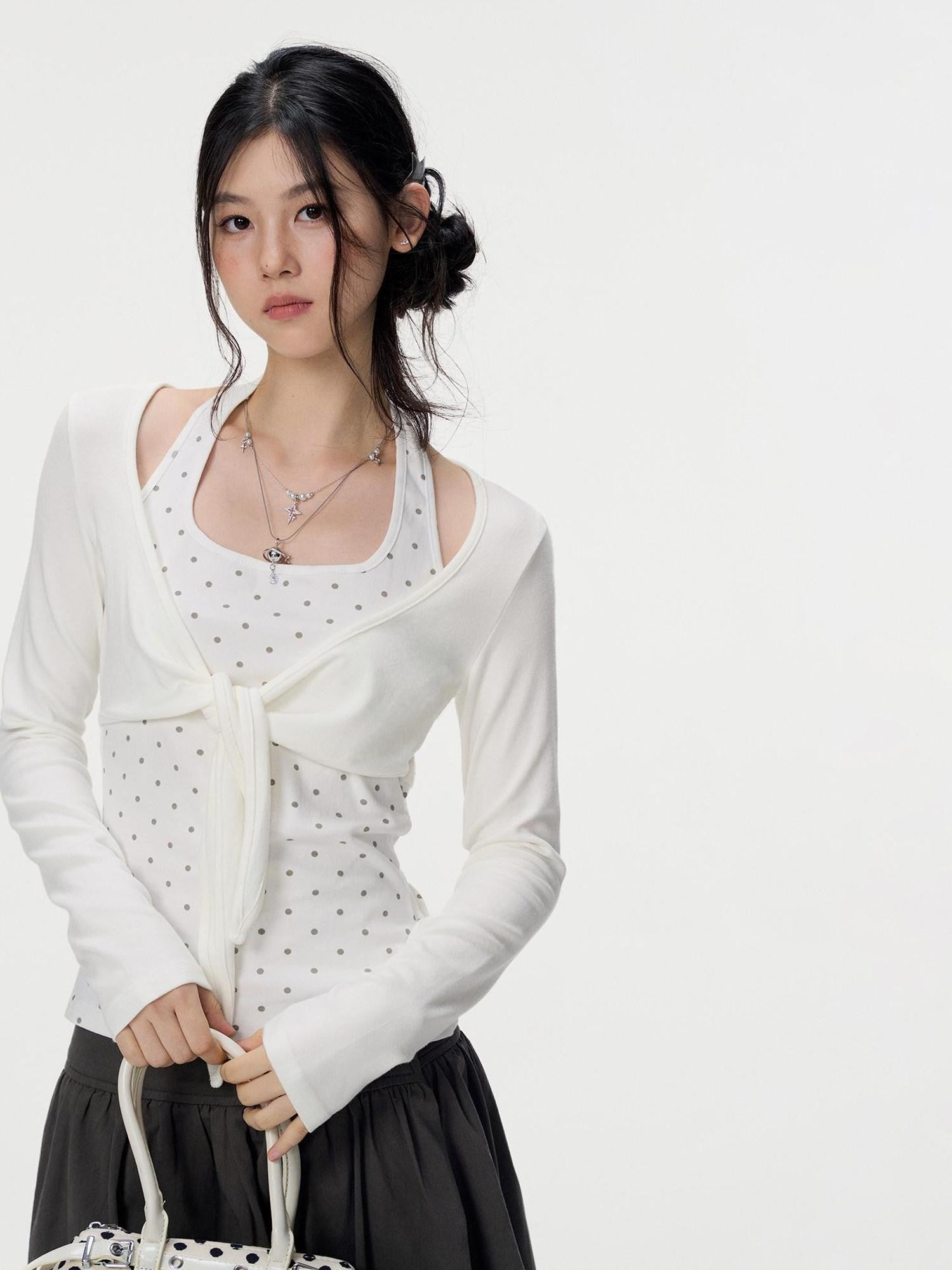 VEEMIX Polka Dot Faux Layered Halter Tie Women's Rayon Long Sleeve T-shirts