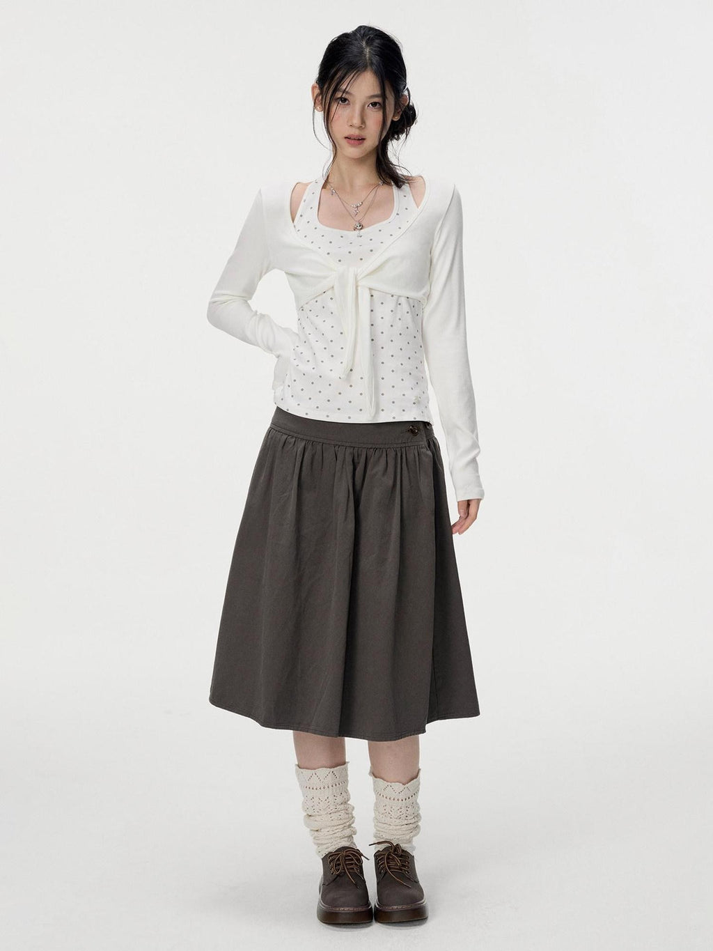 VEEMIX Polka Dot Faux Layered Halter Tie Women's Rayon Long Sleeve T-shirts