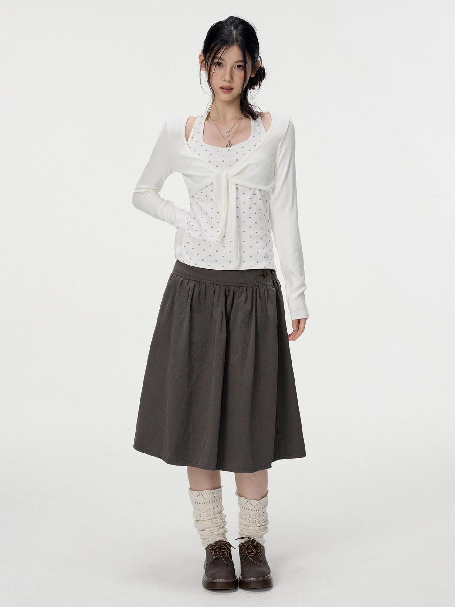 VEEMIX Polka Dot Faux Layered Halter Tie Women's Rayon Long Sleeve T-shirts