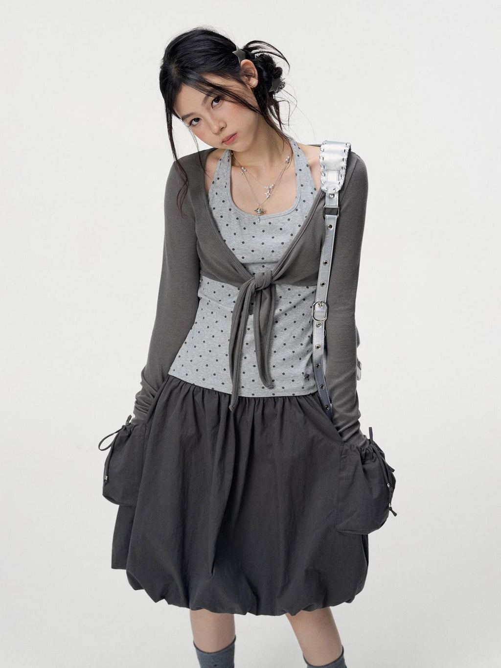 VEEMIX Polka Dot Faux Layered Halter Tie Women's Rayon Long Sleeve T-shirts