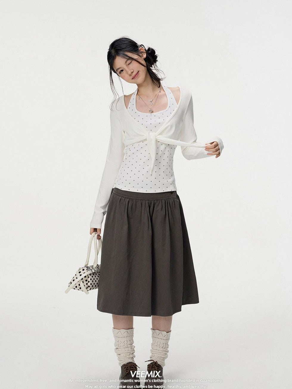 VEEMIX Polka Dot Faux Layered Halter Tie Women's Rayon Long Sleeve T-shirts
