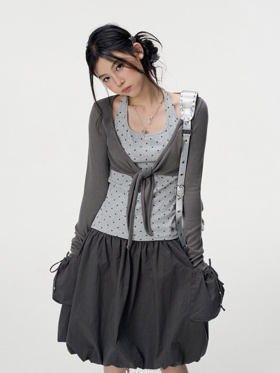 VEEMIX Polka Dot Faux Layered Halter Tie Women's Rayon Long Sleeve T-shirts
