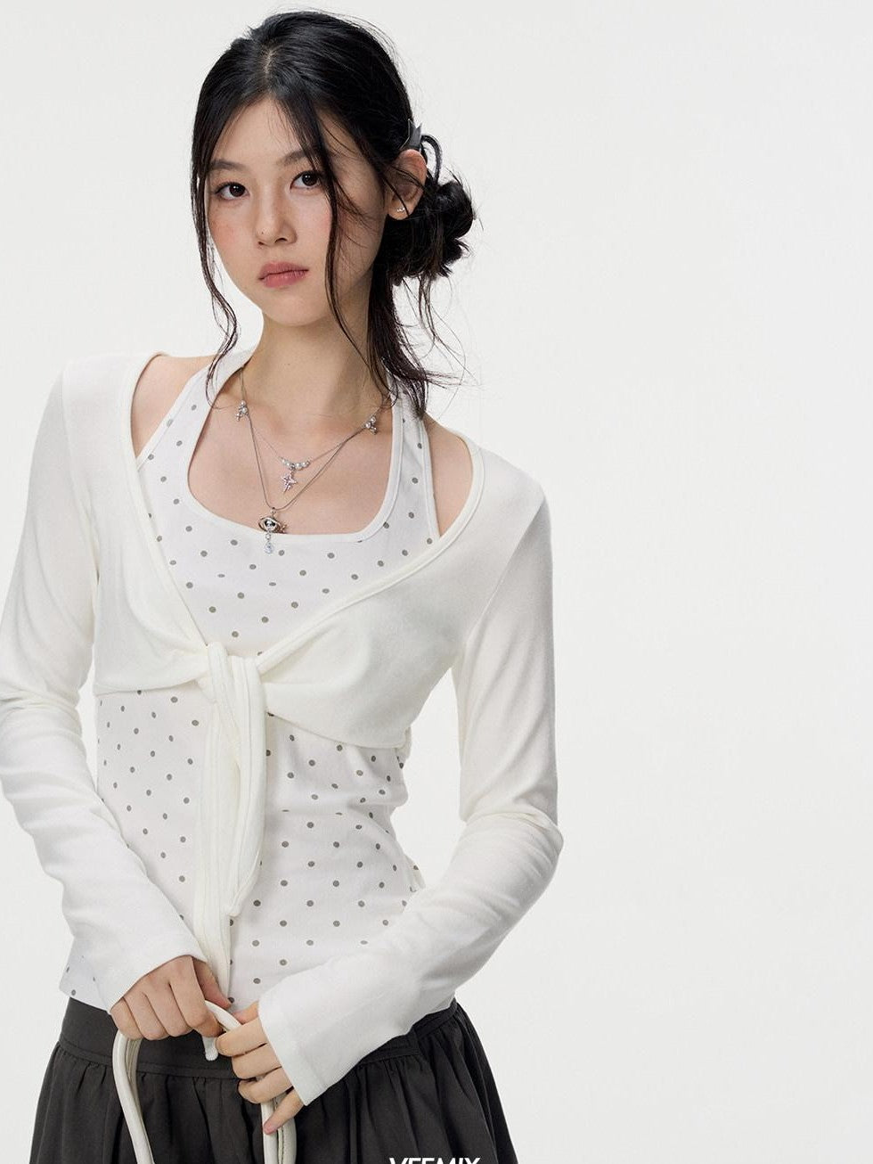 VEEMIX Polka Dot Faux Layered Halter Tie Women's Rayon Long Sleeve T-shirts
