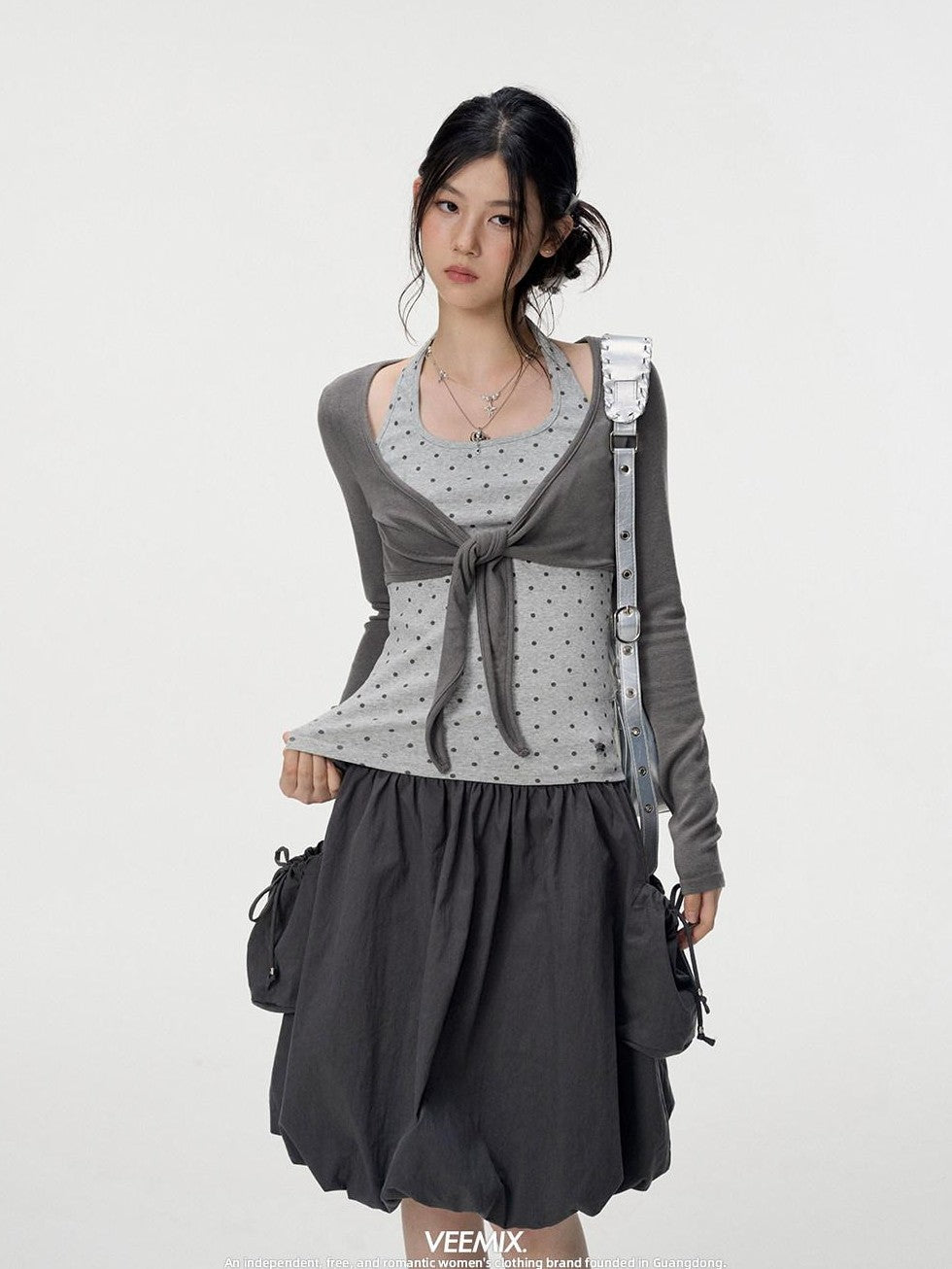 VEEMIX Polka Dot Faux Layered Halter Tie Women's Rayon Long Sleeve T-shirts