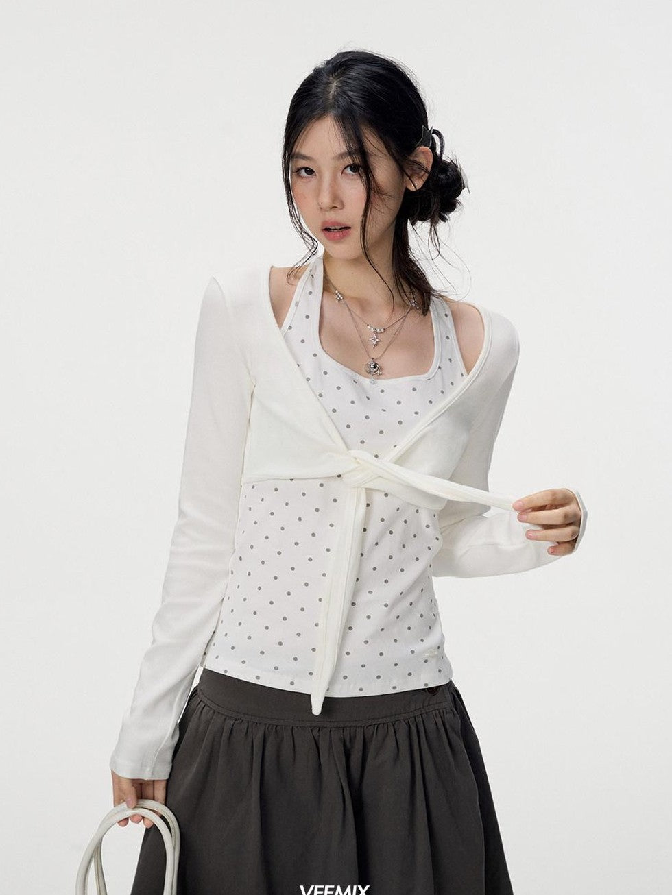 VEEMIX Polka Dot Faux Layered Halter Tie Women's Rayon Long Sleeve T-shirts