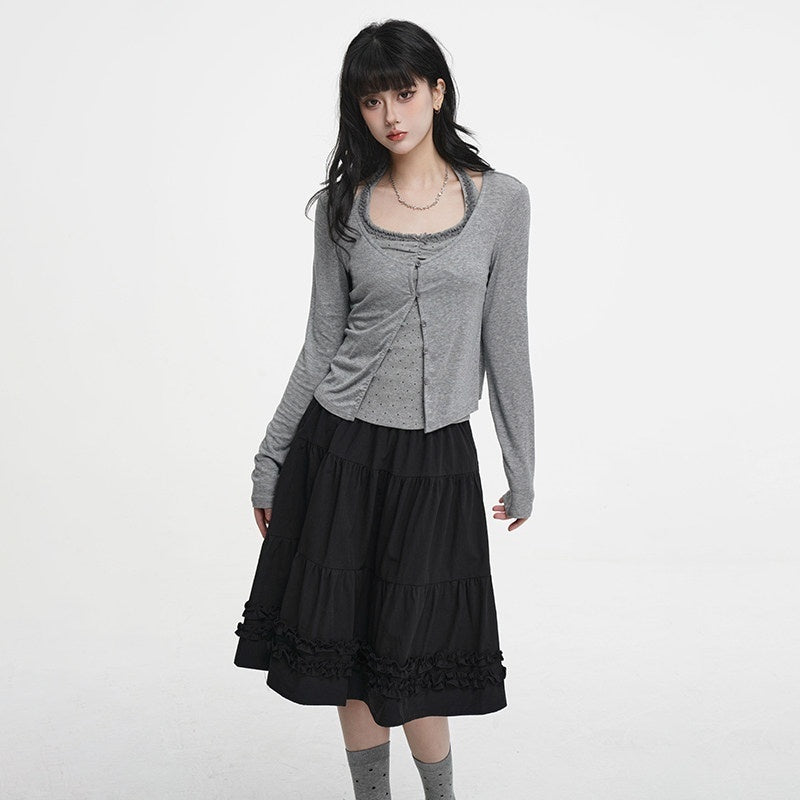 VEEMIX_Polka_Dot_Halter_Lace_Tie_U_Neck_Cropped_Slim_Women's_Cotton_Blend_Cardigans_1016665041992_MISSTT