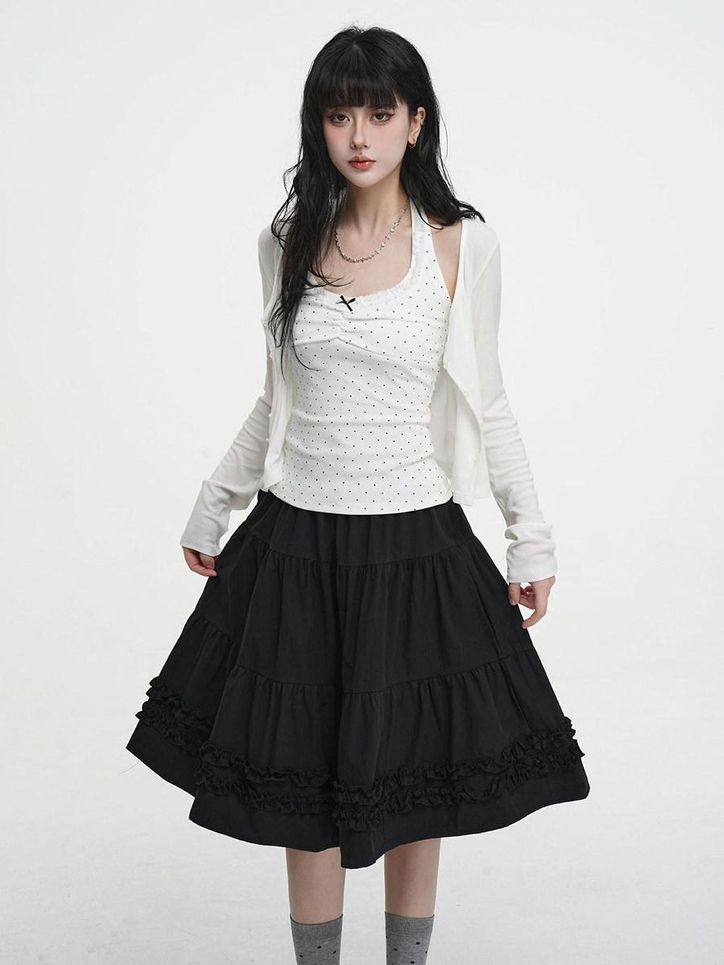 VEEMIX Polka Dot Halter Lace Tie U Neck Cropped Slim Women's Cotton Blend Cardigans