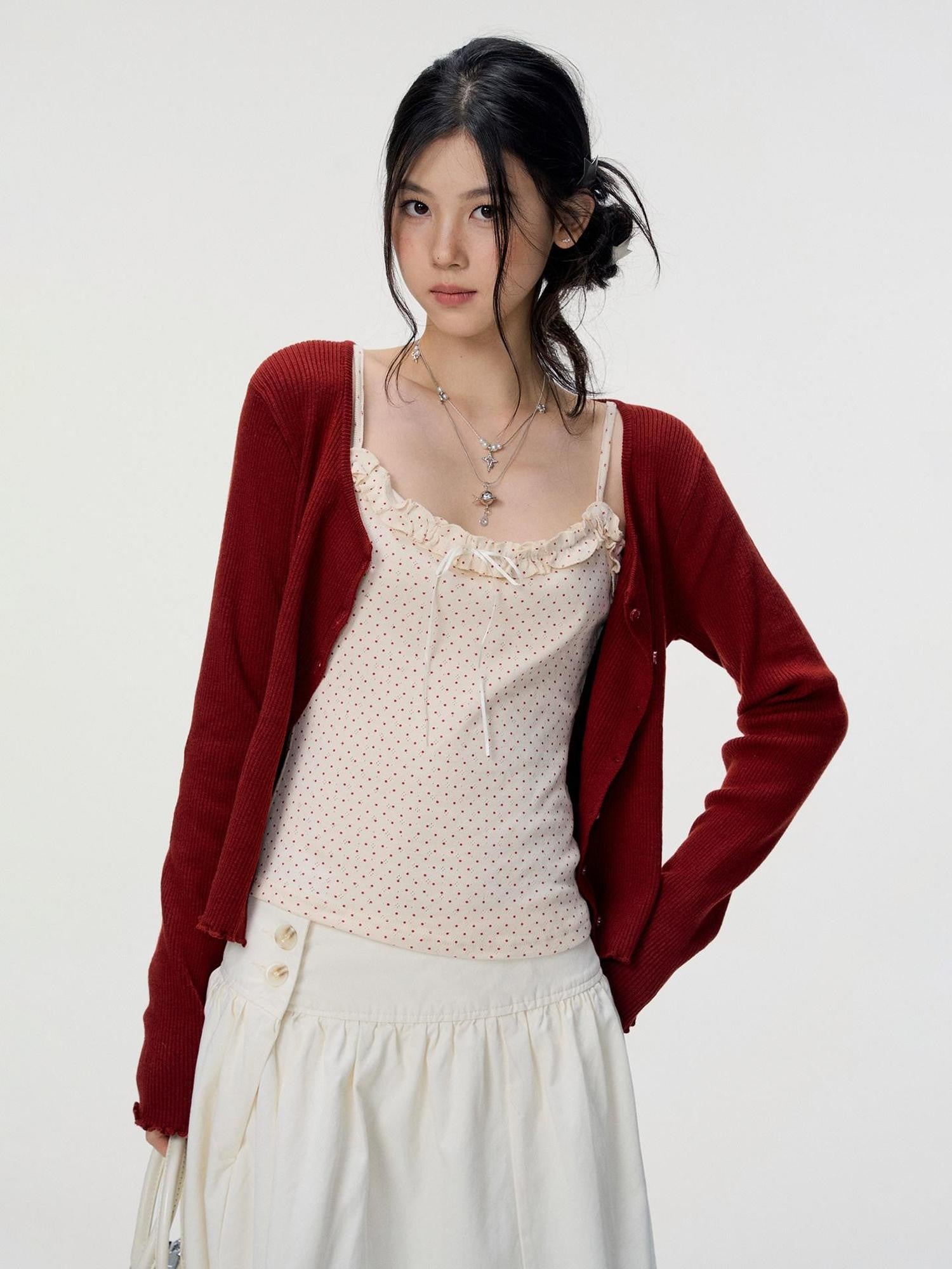 VEEMIX Polka Dot Lace Trim Knitted Two Piece Women's Wool Blend Cardigans