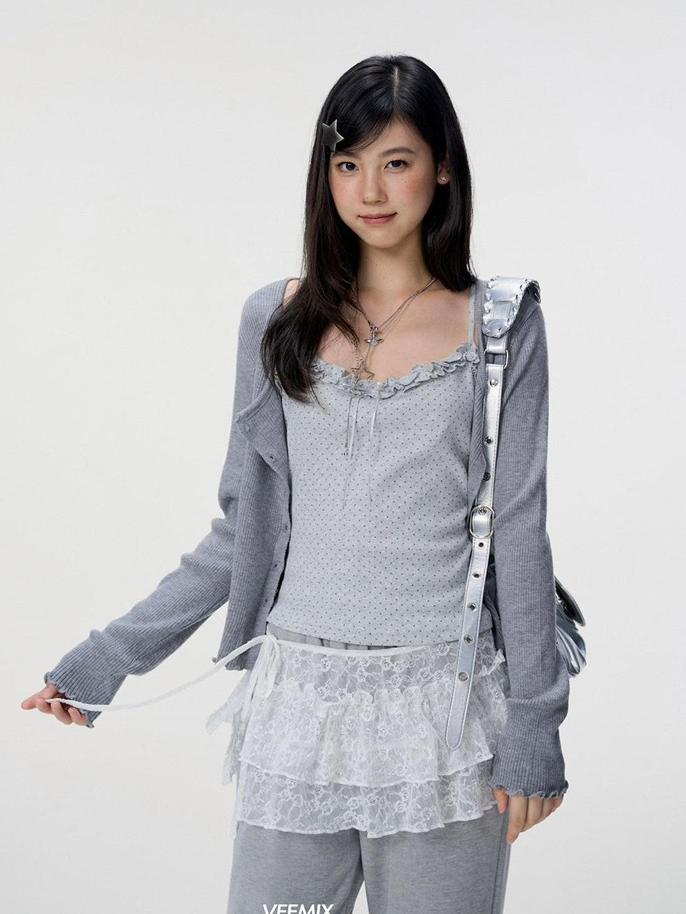 VEEMIX Polka Dot Lace Trim Knitted Two Piece Women's Wool Blend Cardigans