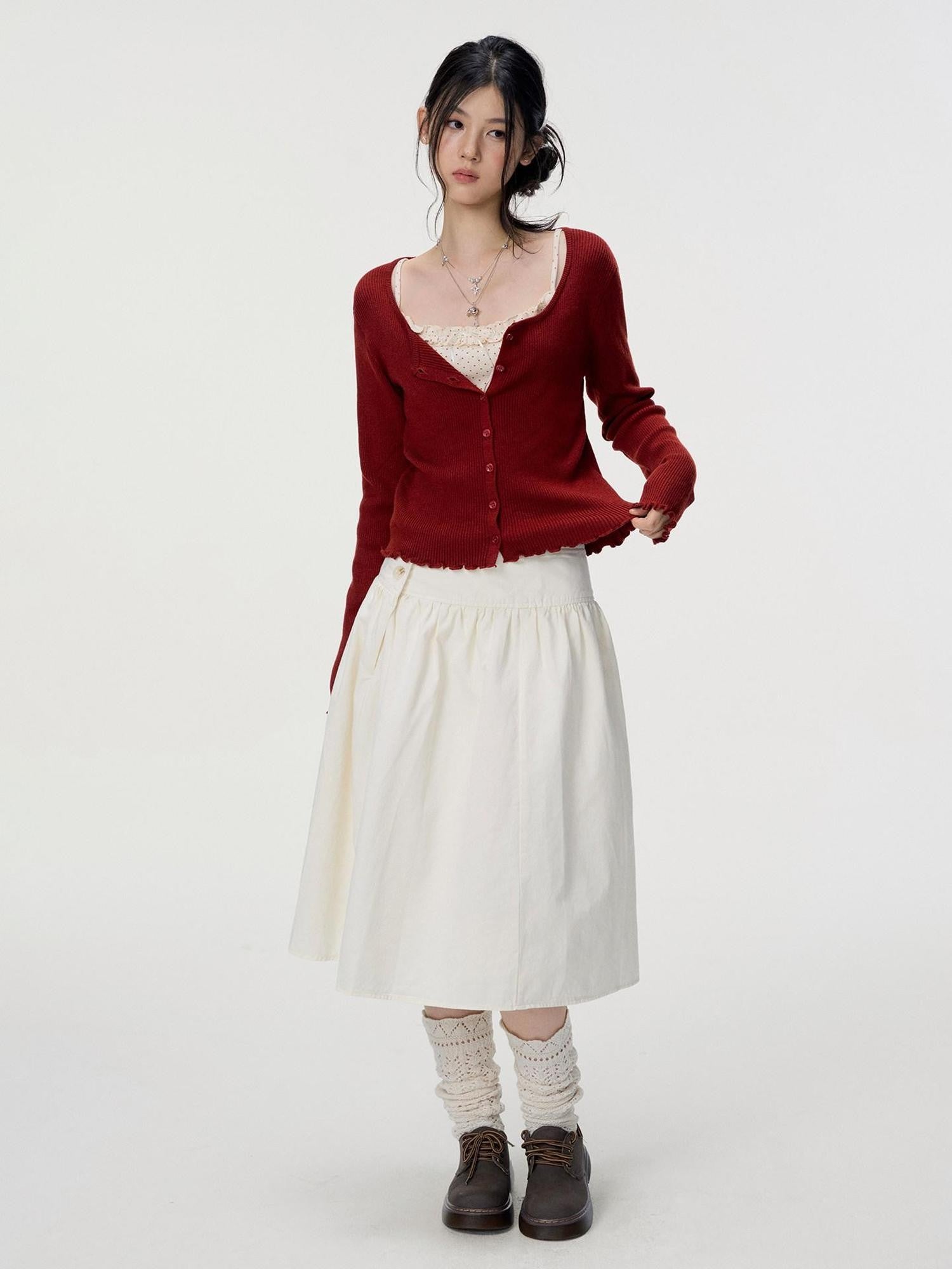 VEEMIX Polka Dot Lace Trim Knitted Two Piece Women's Wool Blend Cardigans