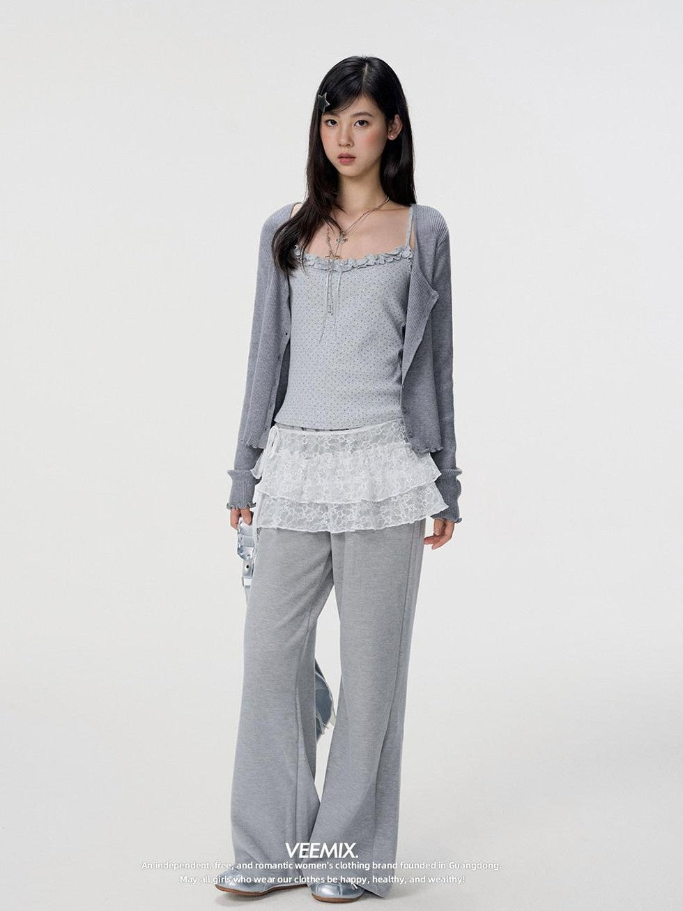VEEMIX Polka Dot Lace Trim Knitted Two Piece Women's Wool Blend Cardigans