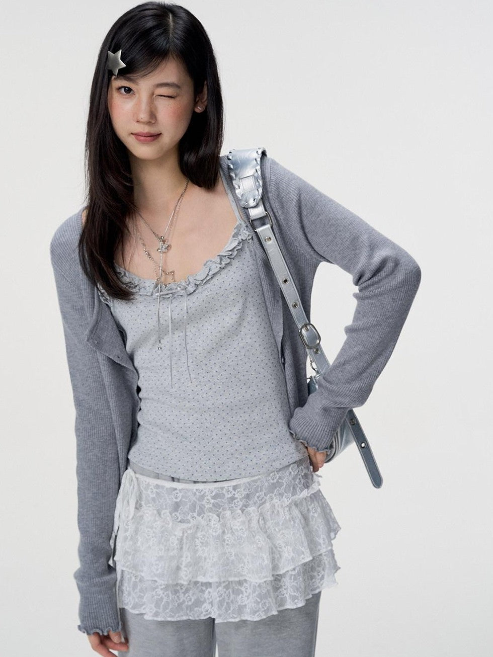 VEEMIX Polka Dot Lace Trim Knitted Two Piece Women's Wool Blend Cardigans