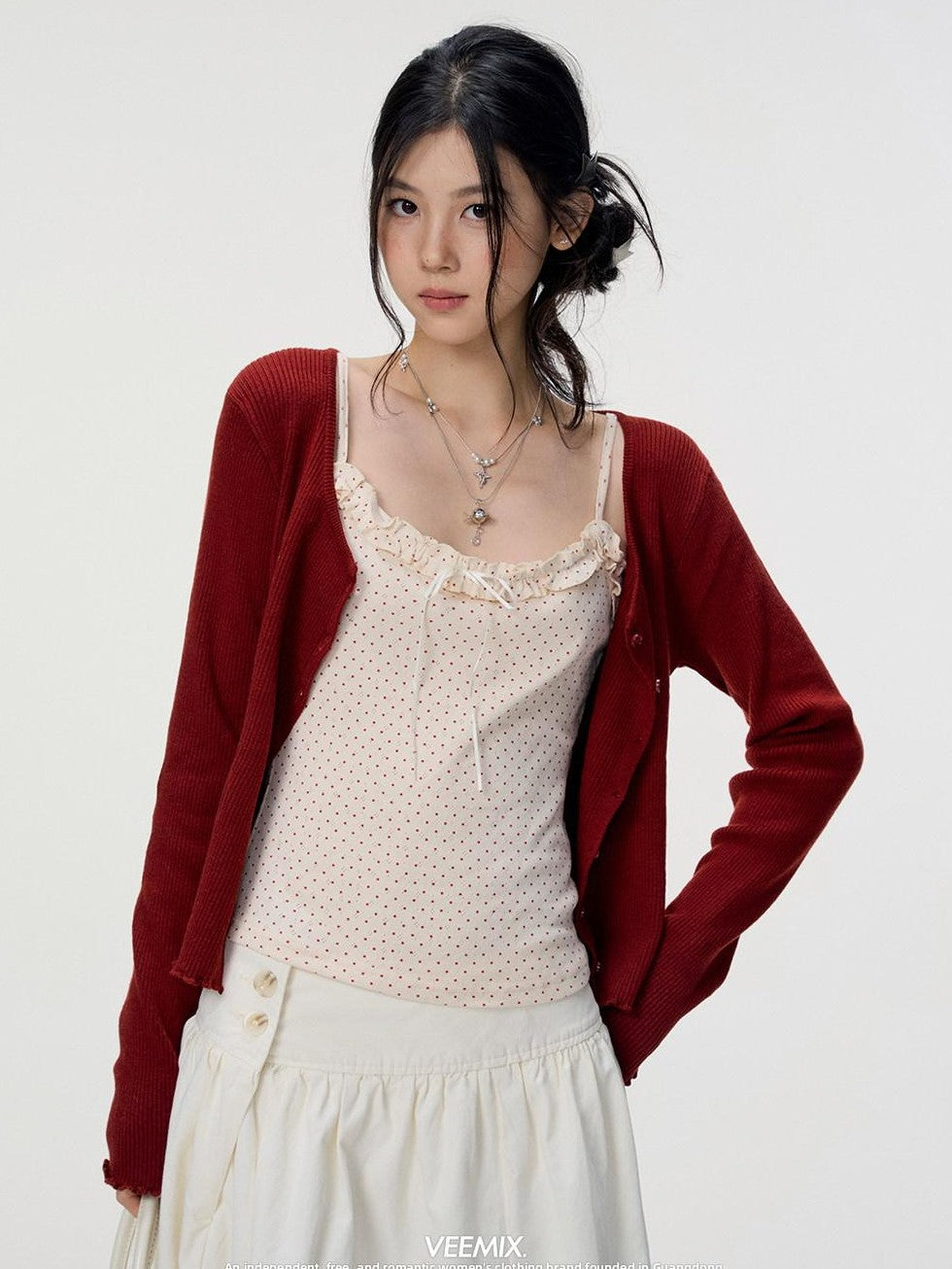 VEEMIX Polka Dot Lace Trim Knitted Two Piece Women's Wool Blend Cardigans