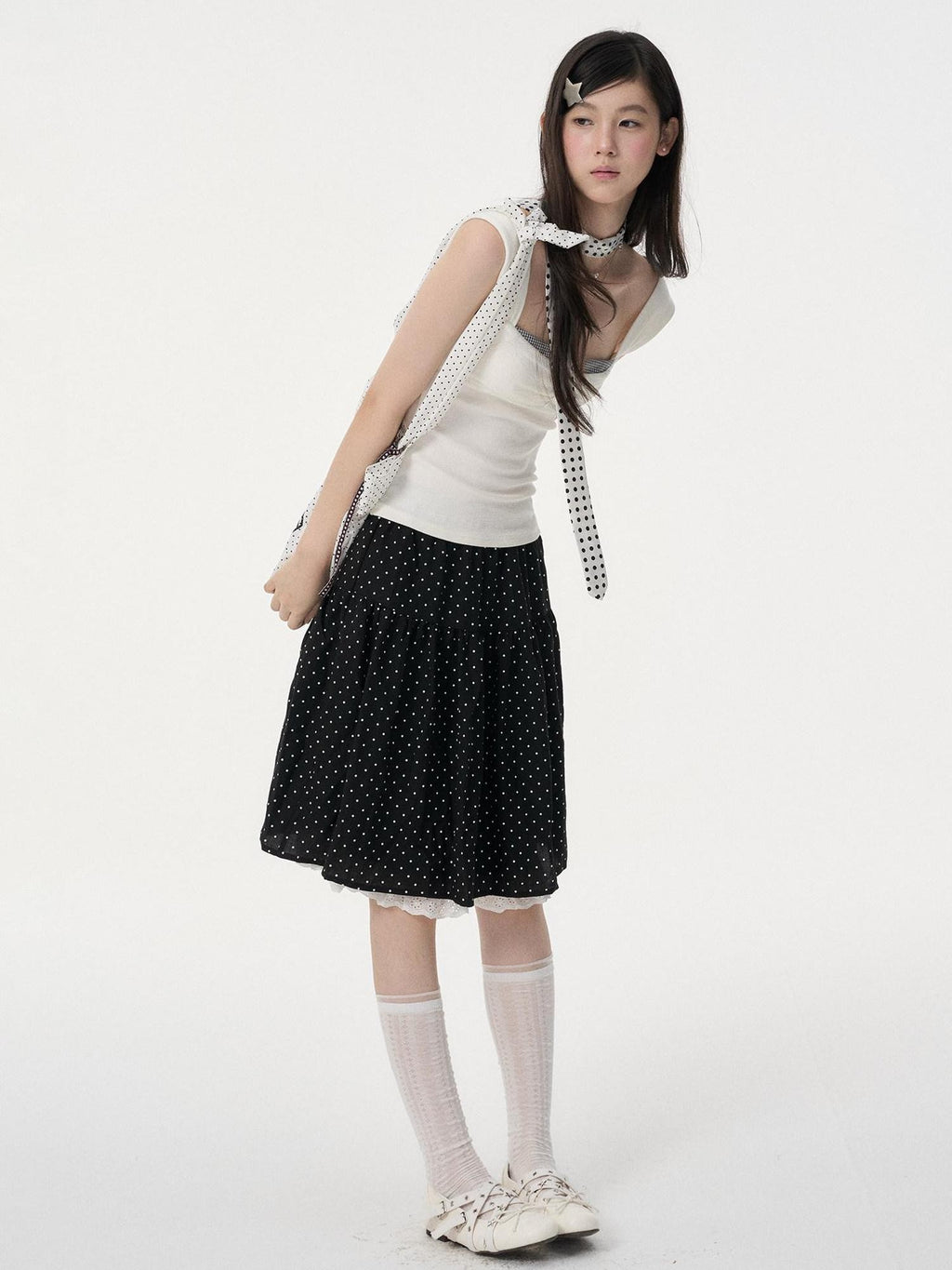 VEEMIX Polka Dot Lace Trim Pleated High Waist A Line Women's Linen Midi Skirts