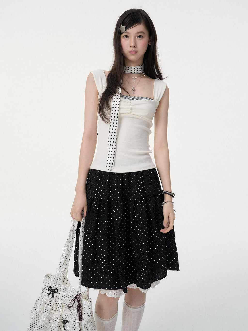 VEEMIX Polka Dot Lace Trim Pleated High Waist A Line Women's Linen Midi Skirts