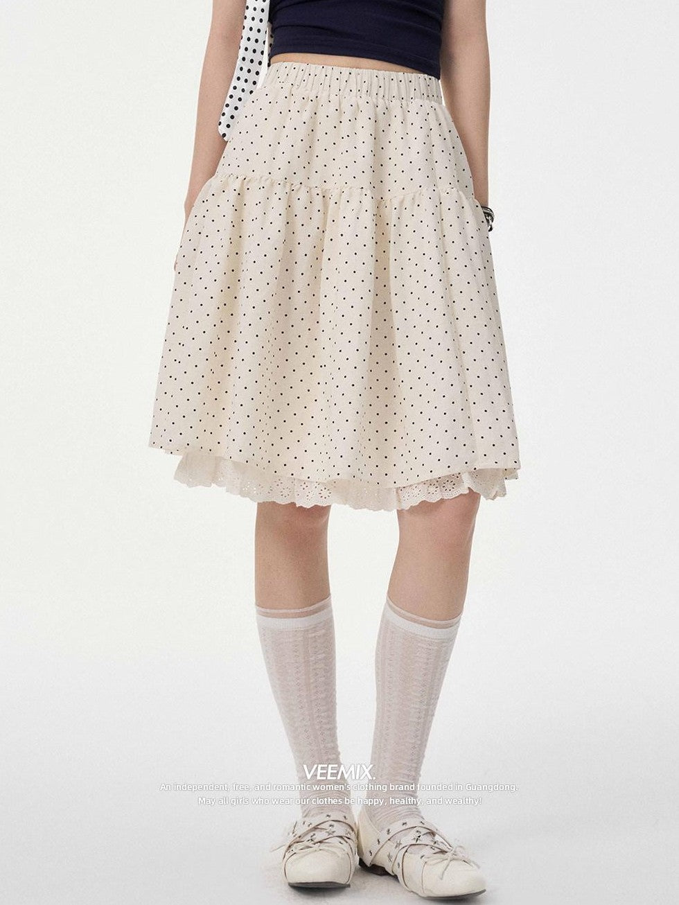 VEEMIX Polka Dot Lace Trim Pleated High Waist A Line Women's Linen Midi Skirts