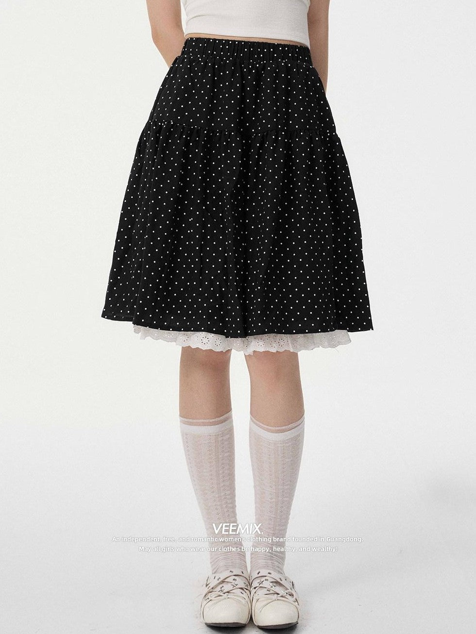 VEEMIX Polka Dot Lace Trim Pleated High Waist A Line Women's Linen Midi Skirts