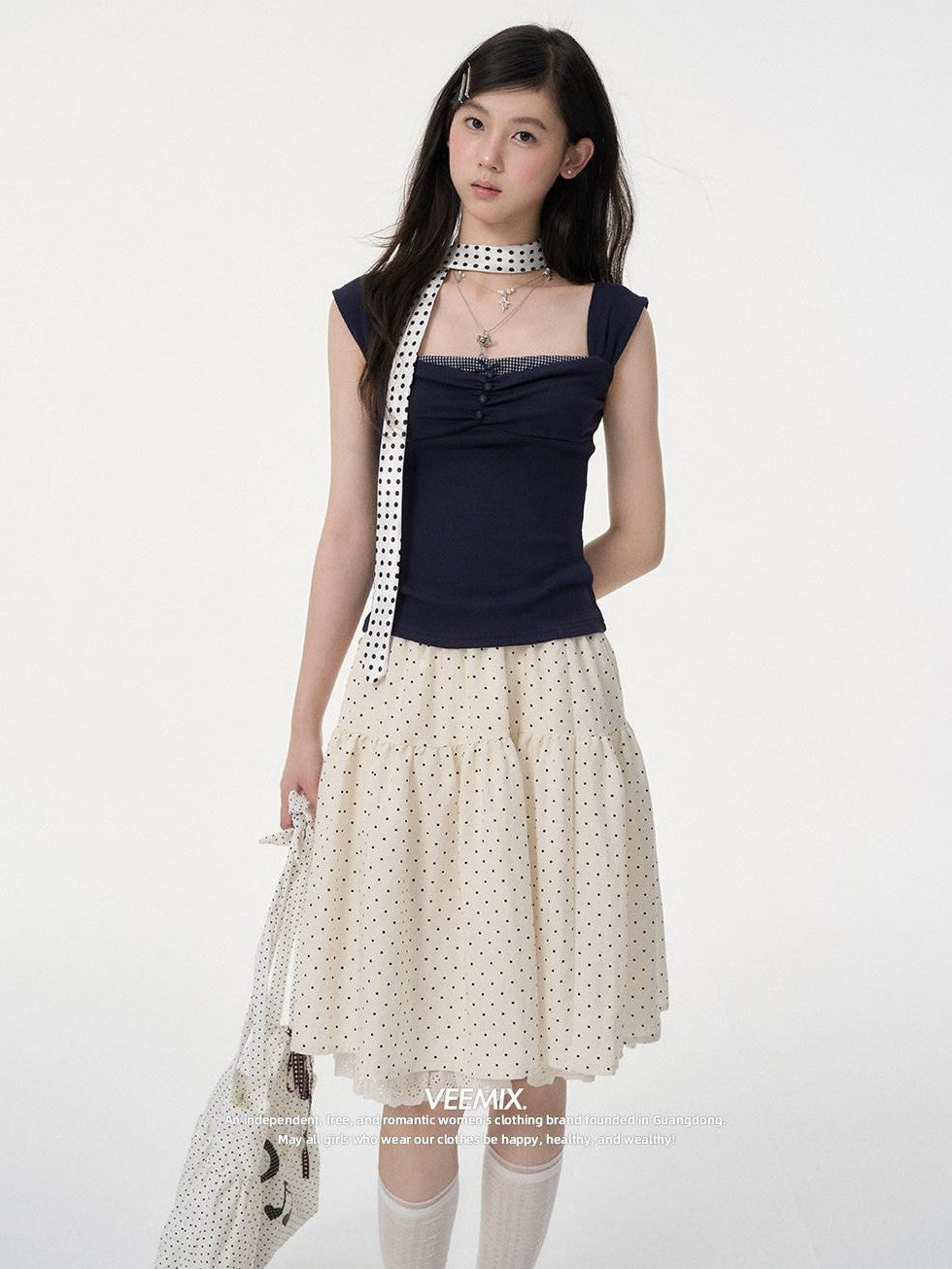 VEEMIX Polka Dot Lace Trim Pleated High Waist A Line Women's Linen Midi Skirts