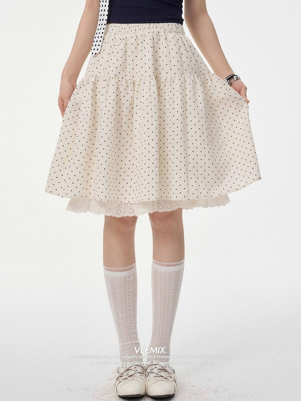 VEEMIX Polka Dot Lace Trim Pleated High Waist A Line Women's Linen Midi Skirts