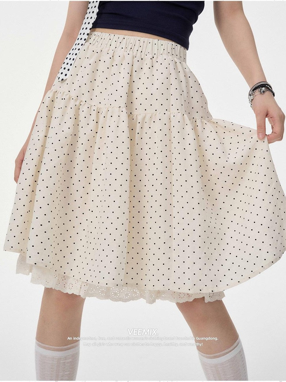 VEEMIX Polka Dot Lace Trim Pleated High Waist A Line Women's Linen Midi Skirts