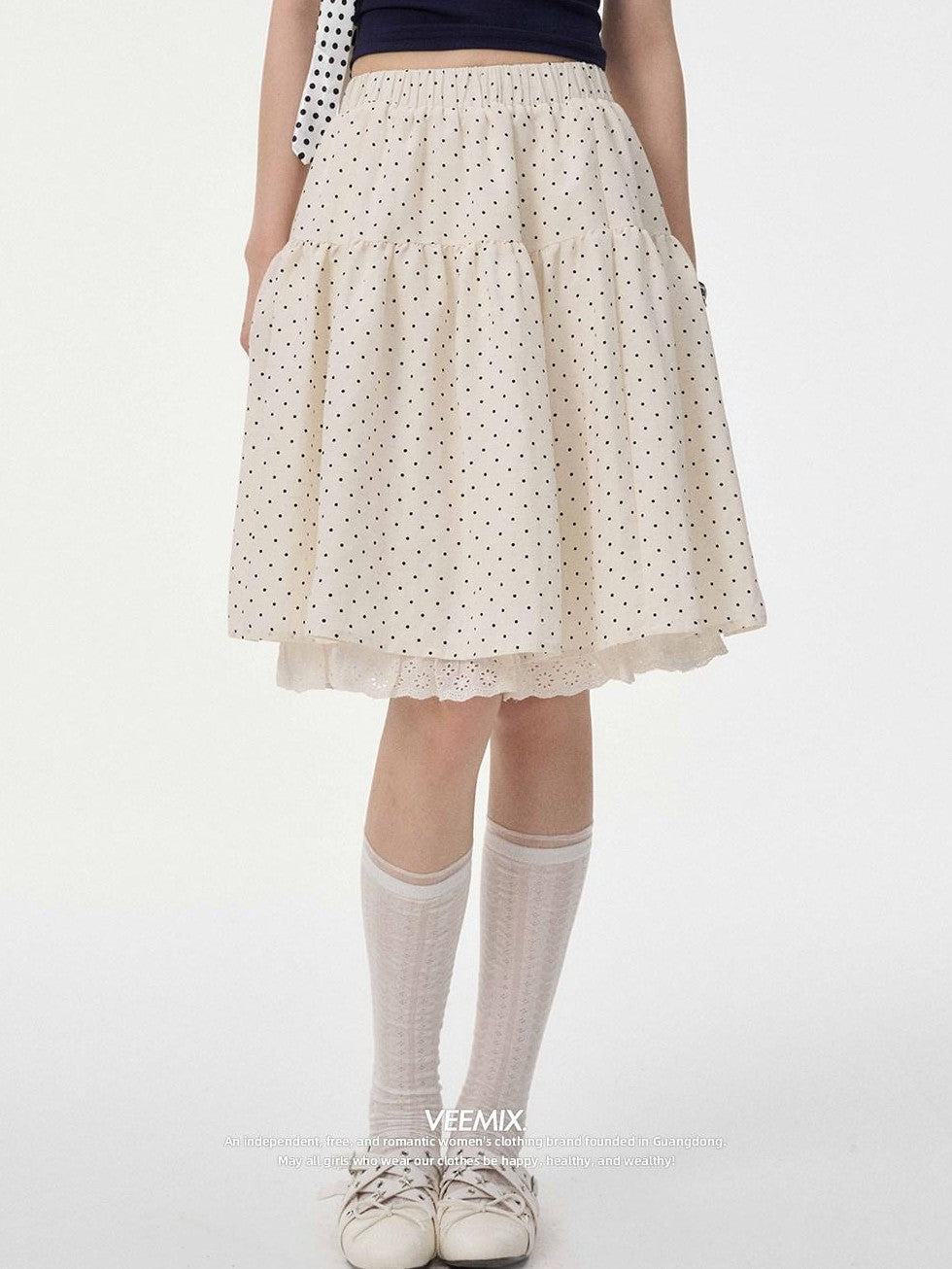 VEEMIX Polka Dot Lace Trim Pleated High Waist A Line Women's Linen Midi Skirts
