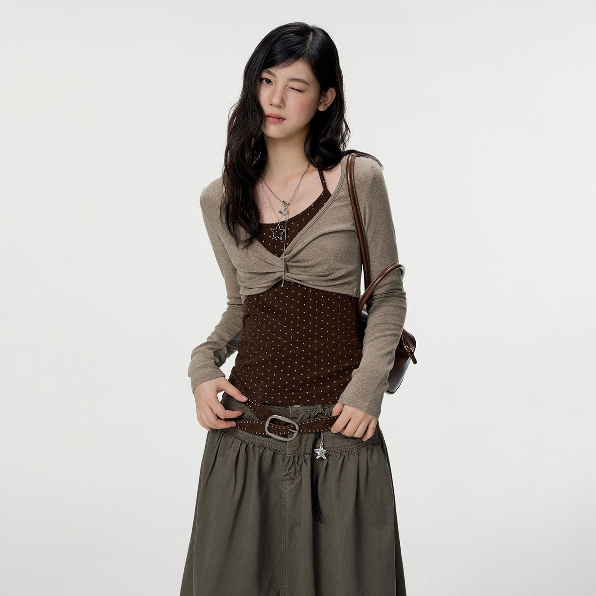 VEEMIX_Polka_Dot_Mock_Layer_Twist_Slim_Fit_Women's_Cotton_Long_Sleeve_T-shirts_1071650611002_MISSTT