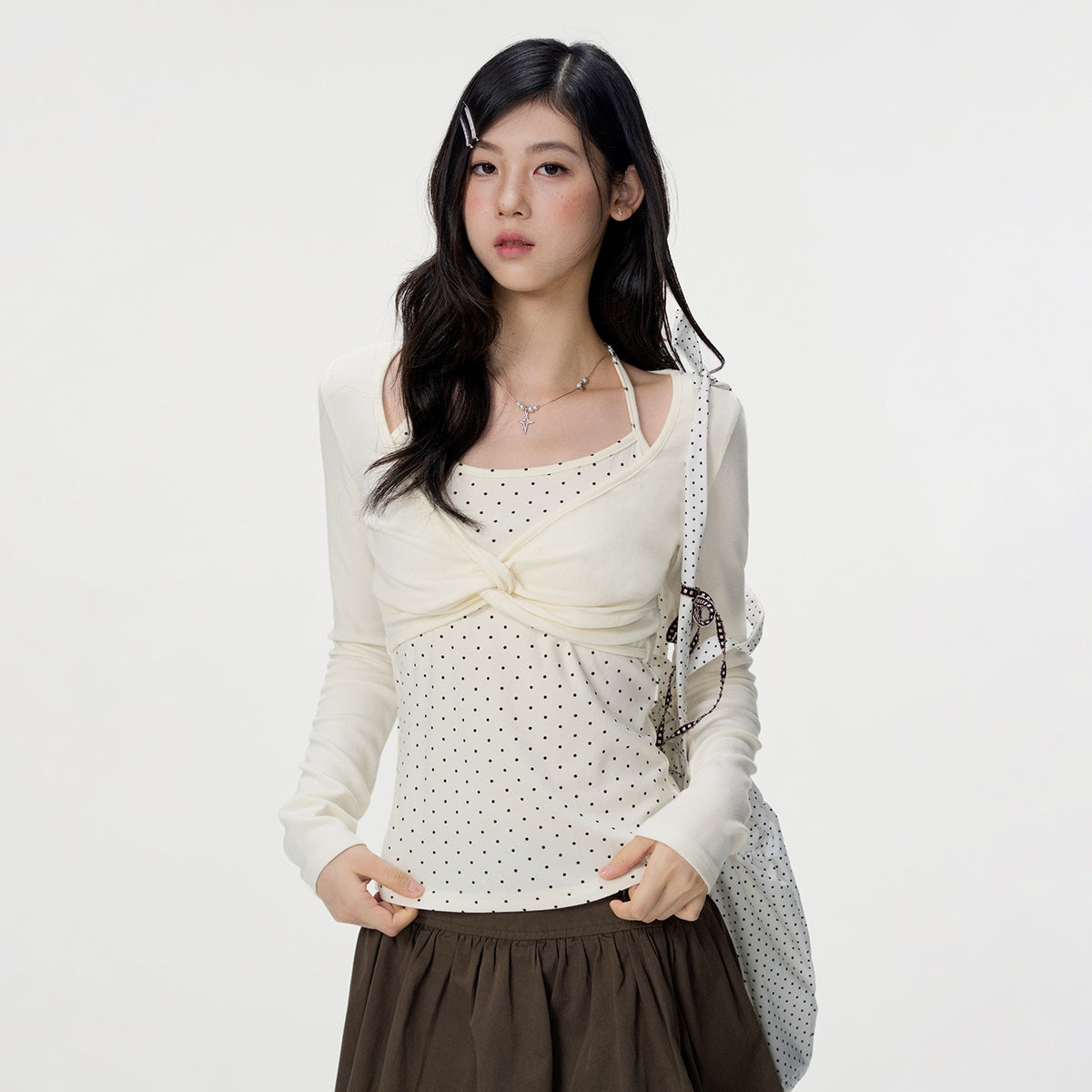 VEEMIX_Polka_Dot_Mock_Layer_Twist_Slim_Fit_Women's_Cotton_Long_Sleeve_T-shirts_1071650611002_MISSTT
