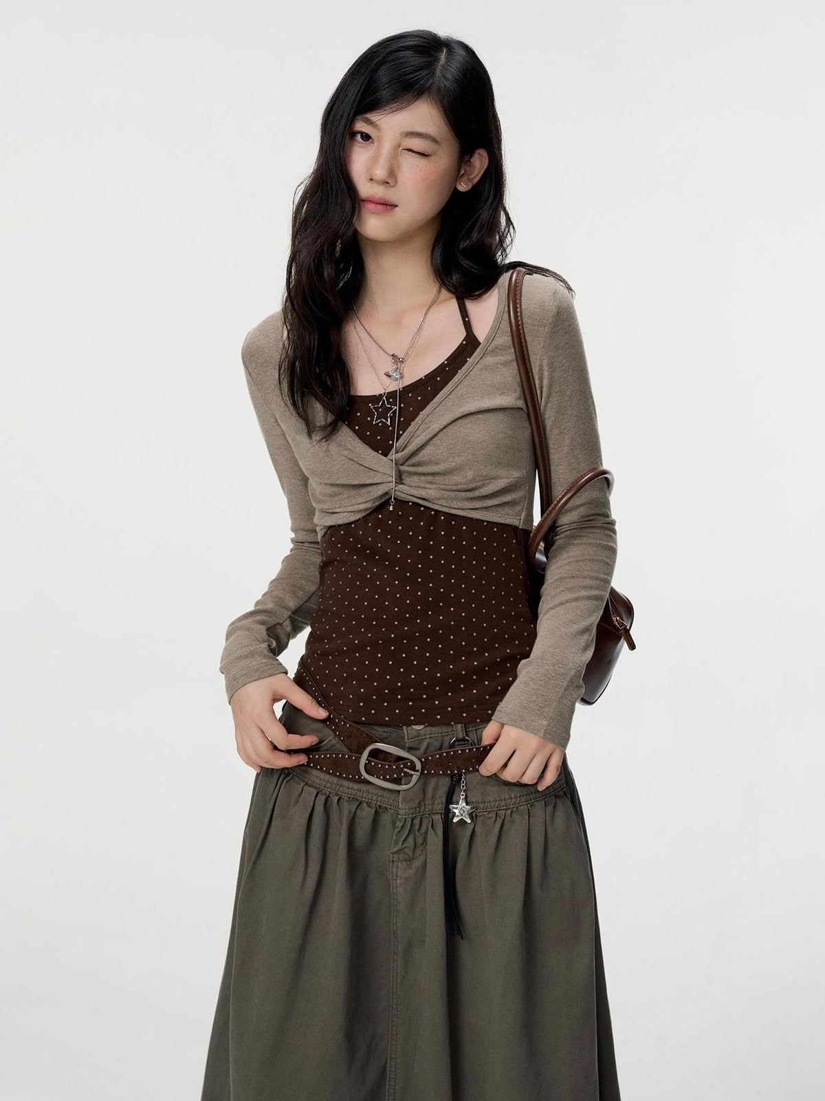 VEEMIX Polka Dot Mock Layer Twist Slim Fit Women's Cotton Long Sleeve T-shirts