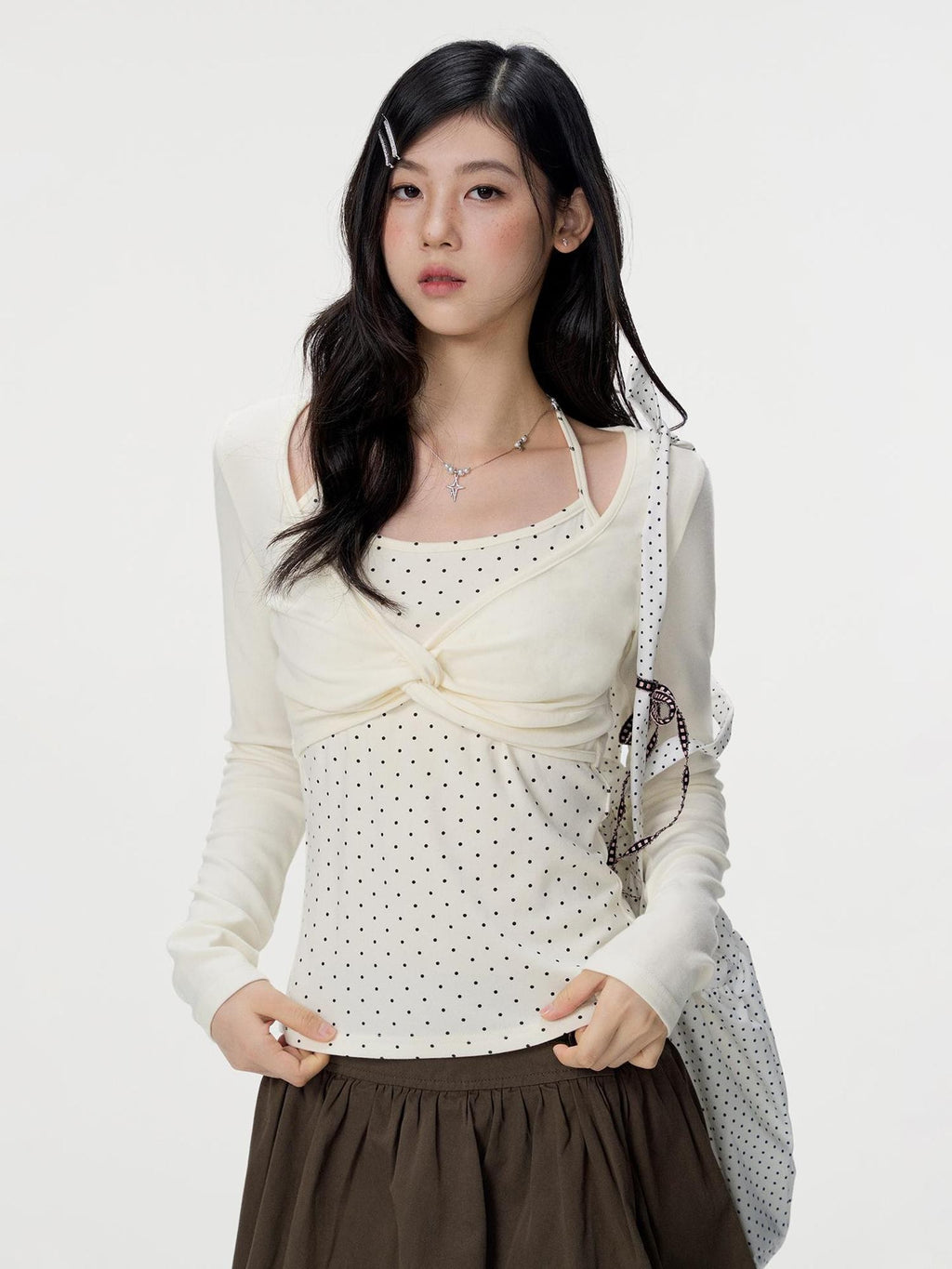 VEEMIX Polka Dot Mock Layer Twist Slim Fit Women's Cotton Long Sleeve T-shirts