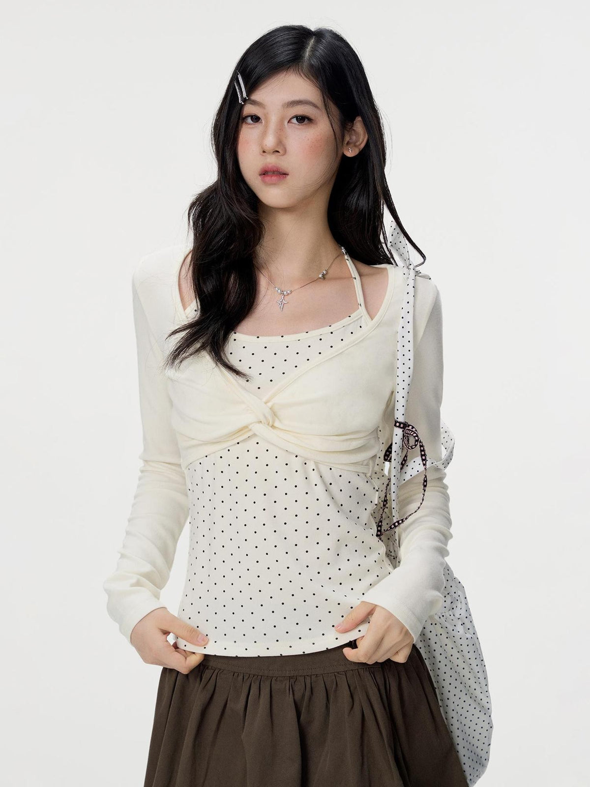VEEMIX Polka Dot Mock Layer Twist Slim Fit Women's Cotton Long Sleeve T-shirts